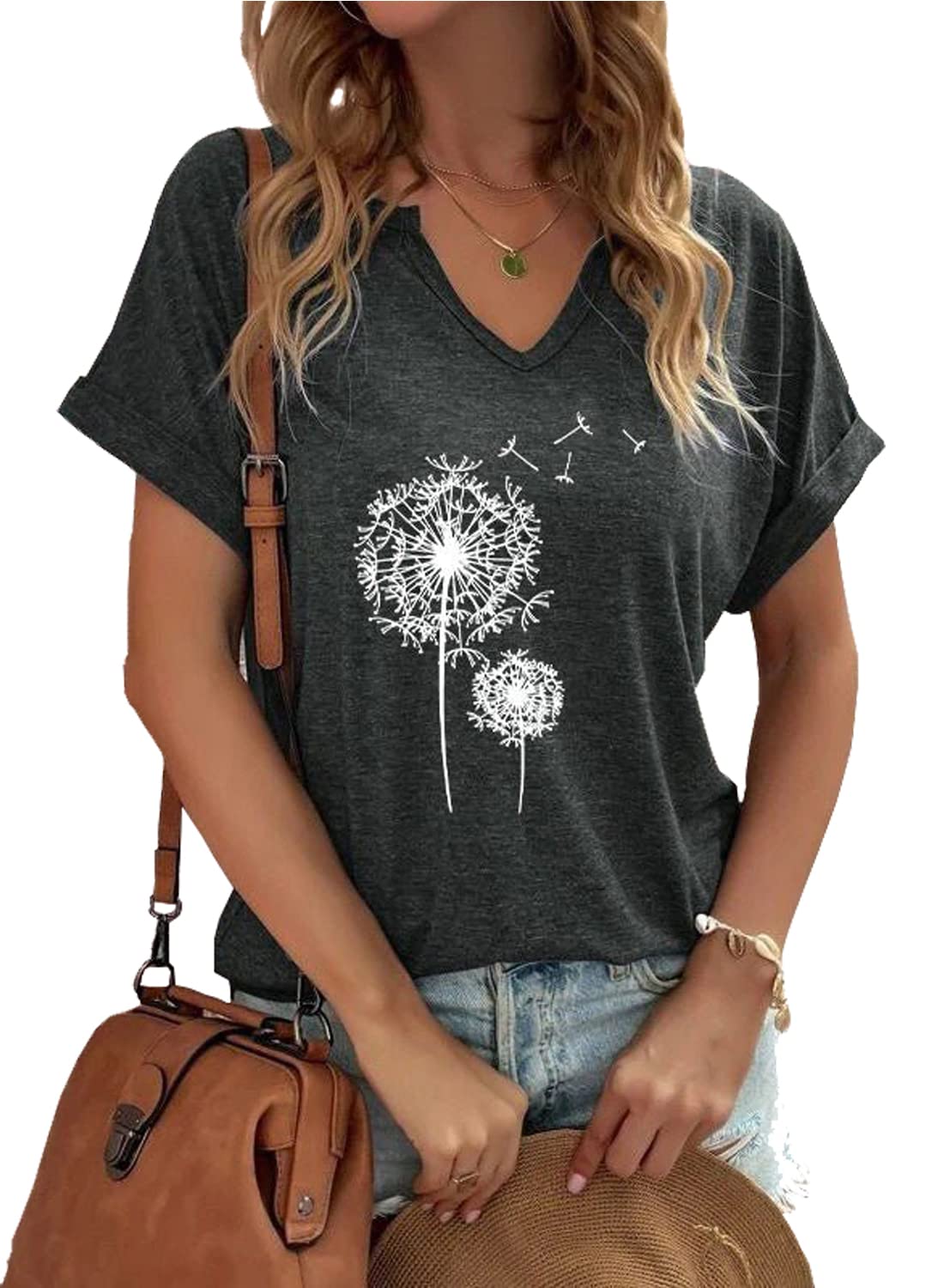 Women's Floral T-Shirts V-Neck Dandelion Sun Flower Graphic Casual Tee Boho Tops Cute Wildflowers Shirts