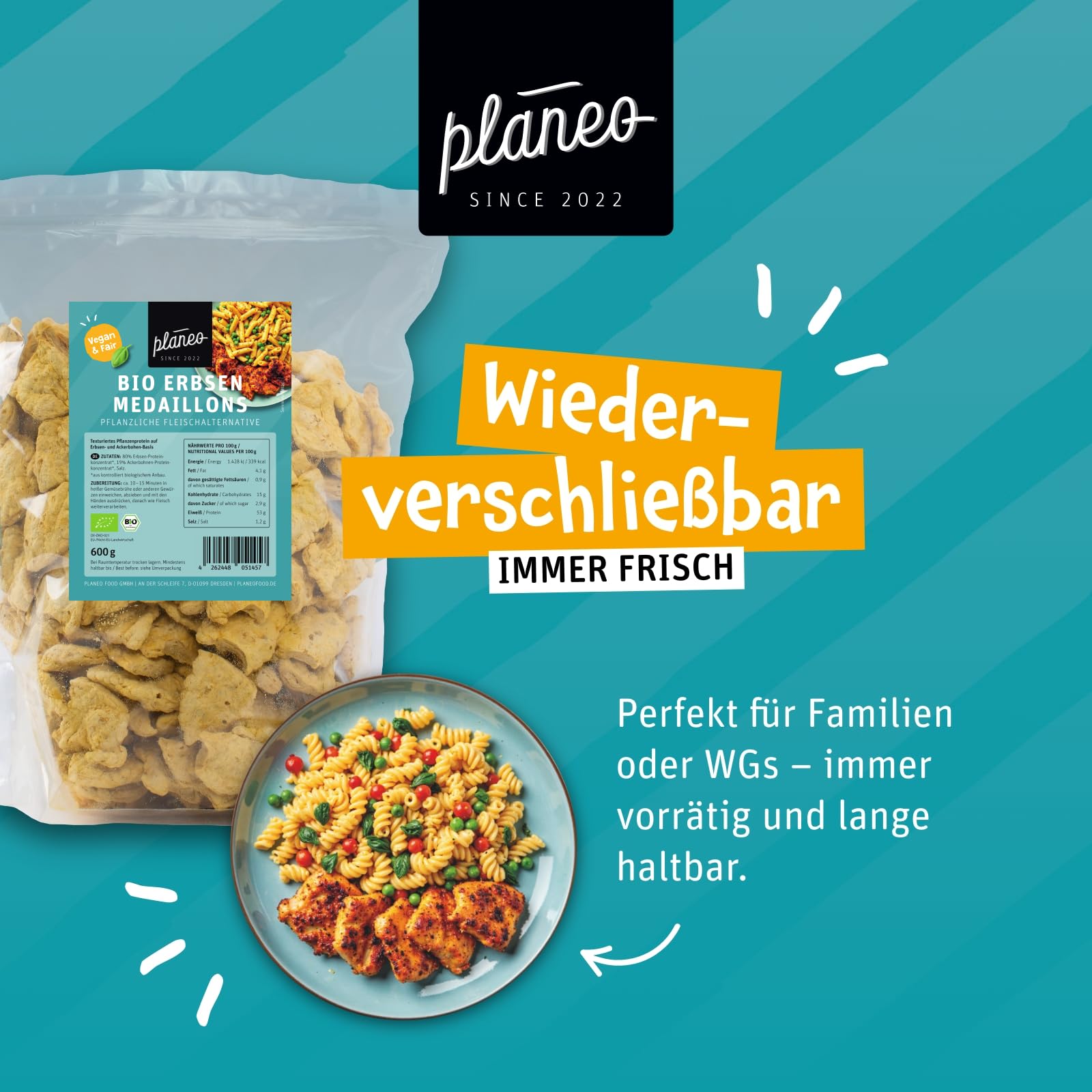 Planeo Bio Erbsen Medaillons 600g - Vegane Fleischalternative aus Erbsen und Ackerbohnen, Hoher Proteingehalt