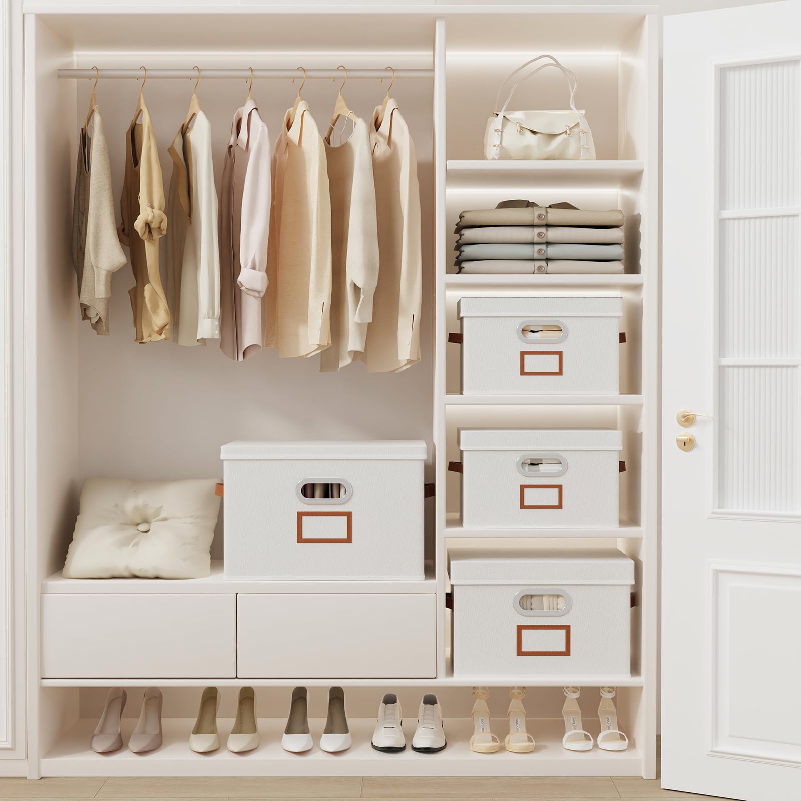 OUTBROS Cajas Almacenamiento, Contenedores, Juego de 3, 45x30x30cm, Blanco | Cajas de almacenamiento plegables, Contenedores de tela con tapas de organizadora para guardar ropa