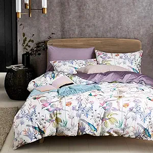 VM VOUGEMARKET Purple Floral Birds Duvet Cover Set,Botanical Flower Plants Pattern Bedding Set in Lilac with Zipper Closure No Comforter(3pcs, Queen Size)