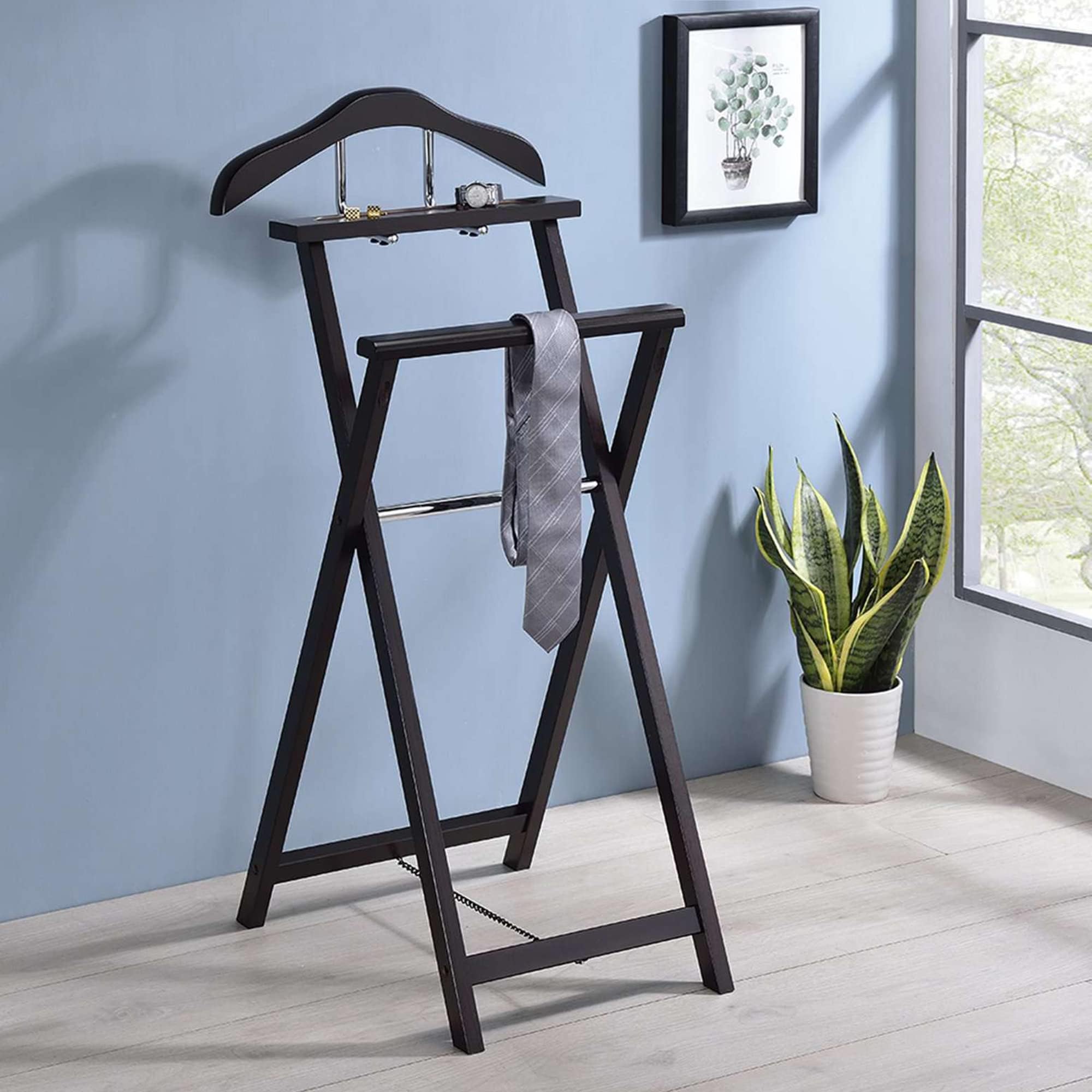 Oliver Foldable Wood Suit Valet Rack Stand Organizer, Walnut