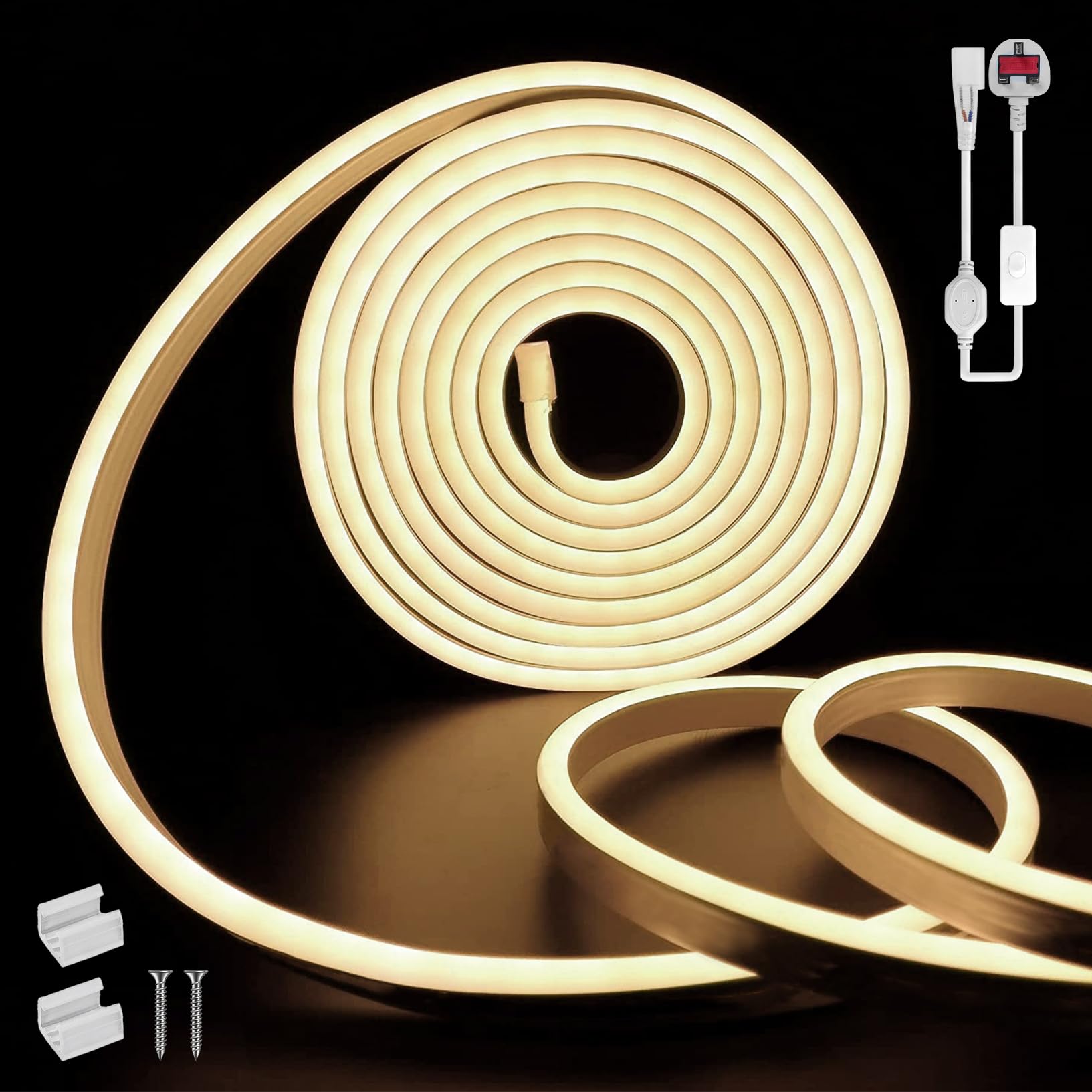 SUCIKORIO Neon Led Strip Light 5m / 16.4ft, Flexible LED Strip Lights 4000K Cuttable Waterproof IP65 Neon Rope Light 220-240V DIY LEDs Lights with UK Plug Power Supply for Bedroom, Indoor&Outdoor โ image 1