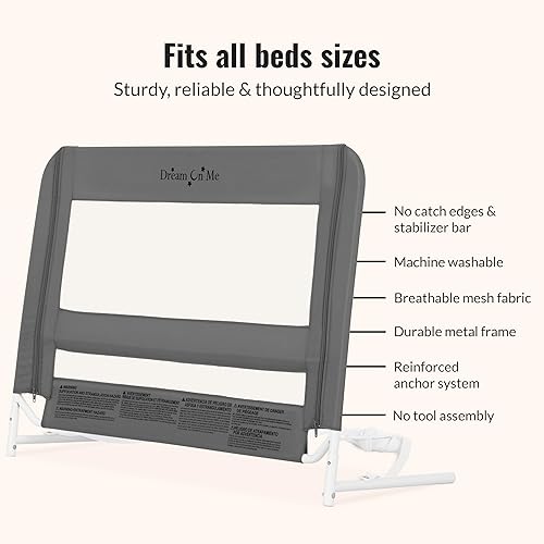 Miniatura 6 de Dream On Me Riel de cama ajustable de seguridad de malla ligera para niños pequeños, tela de malla transpirable, adecuada para todo tipo de camas,