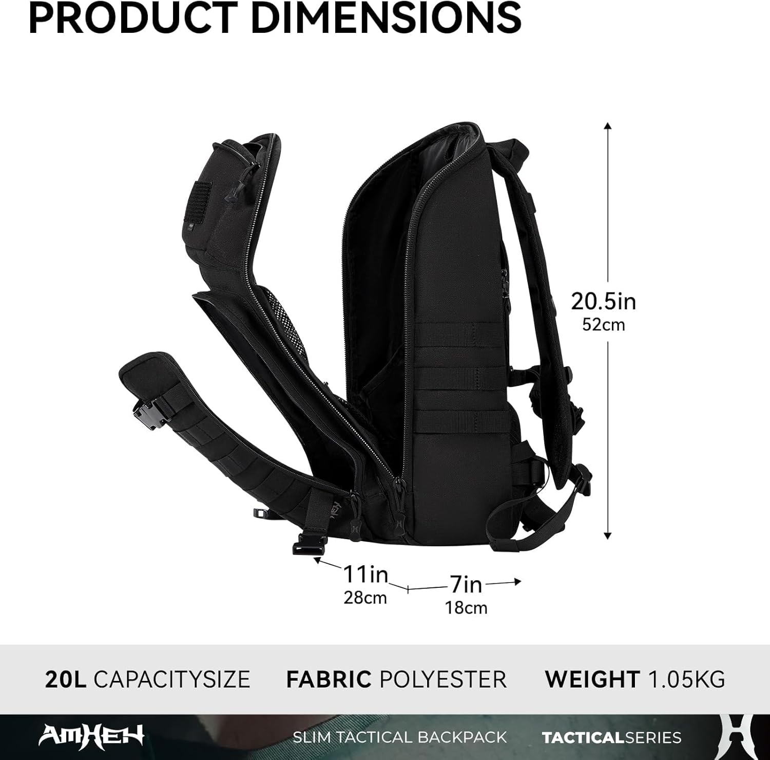 20L Slim Tactical Backpack – Everyday Carry Daypack with MOLLE, Fits 13" Laptop, Water-Resistant for Urban & Campus (Black) - Image 3