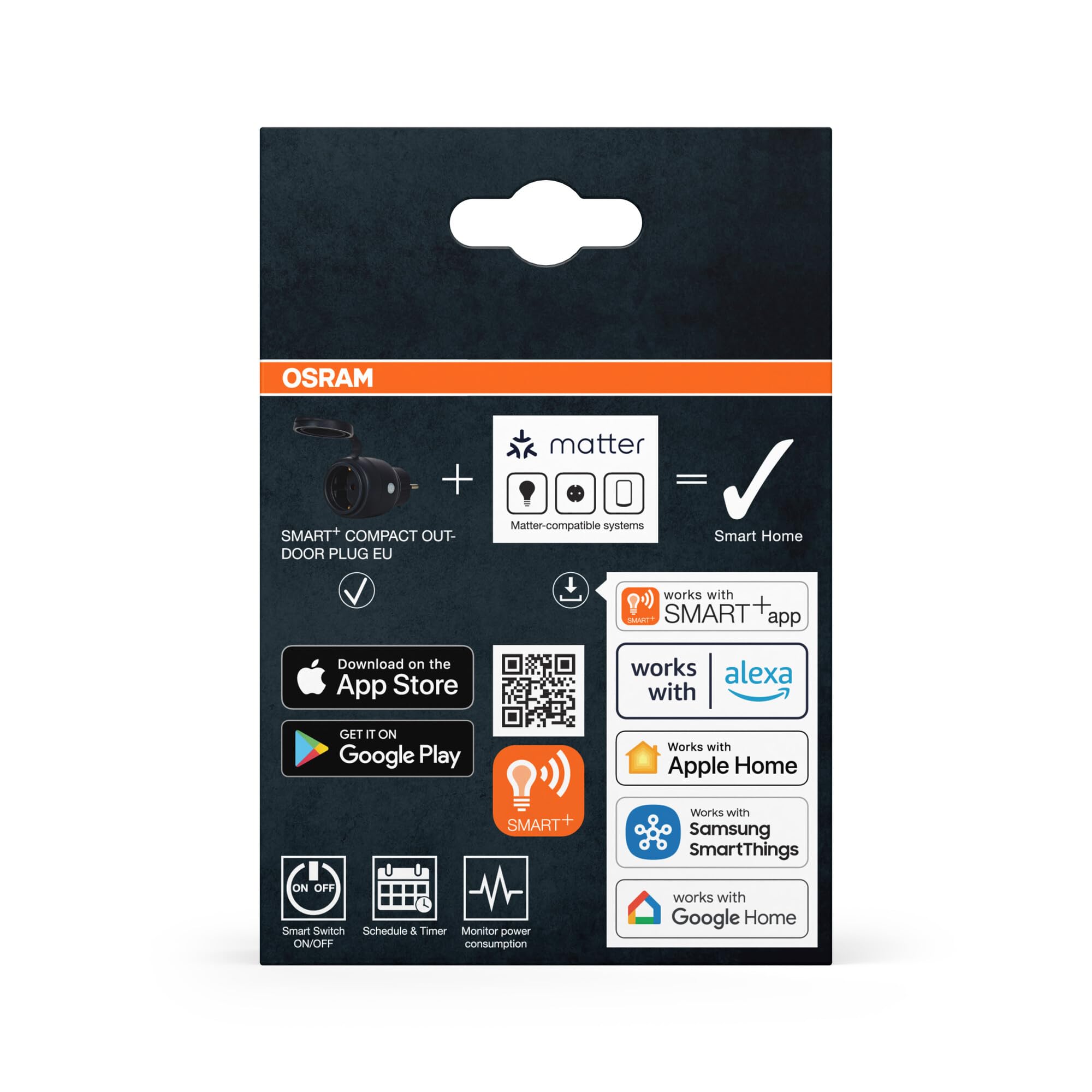 OSRAM Gniazdo zewnętrzne EU SMART+ MATTER, gniazdo zewnętrzne z kontrolą zużycia energii w kolorze czarnym wykonane z PP, stopień ochrony IP44, integracja urządzeń z inteligentnym domem