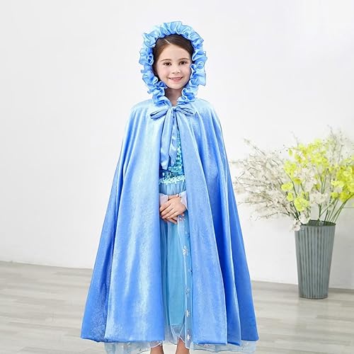 Vista 6 de Newland Princess Costume for Girls - Princess Cape Long Hooded Velvet Cloak Princess Accessories Size M: 4-8Y/L: 8-12Y Azul
