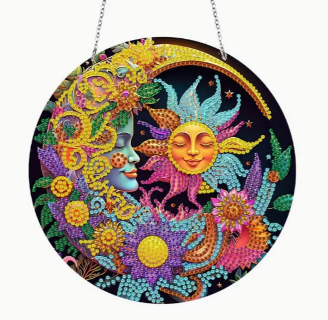 5D DIY Beautiful Mystical Sun and Moon Diamond Painting Kit Crystal Rhinestone Acrylic Round Hanging Decoration 19cm x 19cm