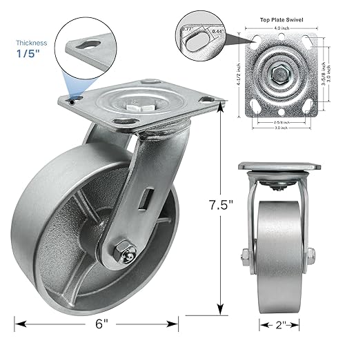 Miniatura 2 de Rueda de hierro fundido de acero resistente de 6 x 2 pulgadas, ruedas industriales, juego de 4 con capacidad de hasta 5000 libras, ampliamente