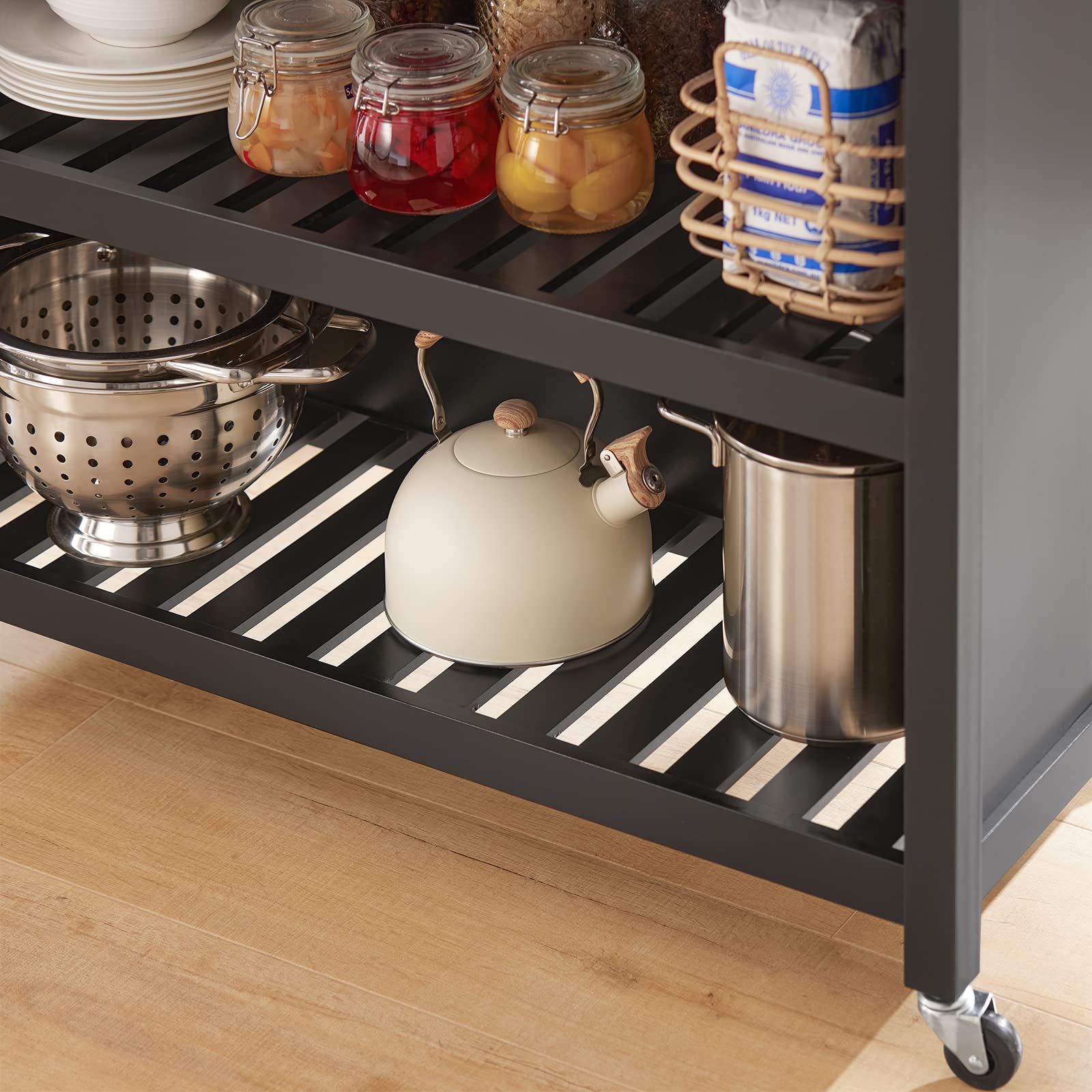 SoBuy Carrito Auxiliar con Ruedas Mueble Auxiliar Cocina Carro Cocina Carrito Cocina con Cajones Estantería Cocina Isla Cocina Mesa Auxiliar con Ruedas Madera Negro 98x58x94cm FKW74-SCH