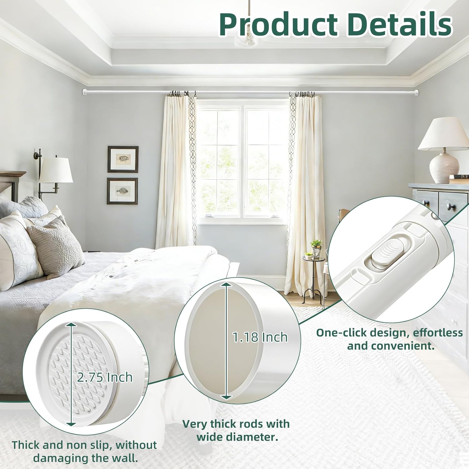 Adjustable Shower Curtain Rod Round White 40-102" Anti-Rust Non-Slip One Click Tension Curtain Rod for Bedroom Study Wardrobe Decoration