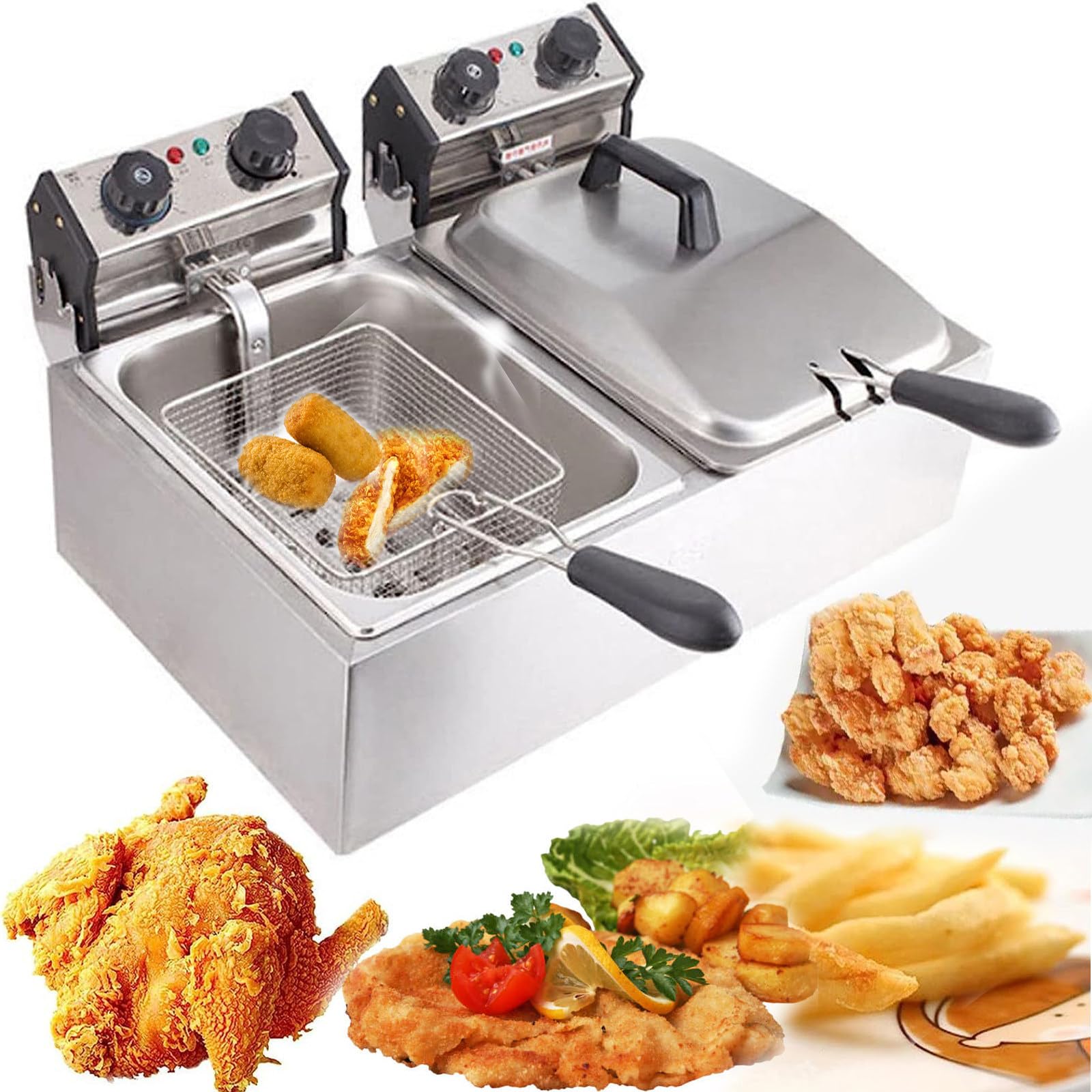 HCZKIUJY Stainless Steel Commercial Chip Pans,Electric Deep Fat Fryers,with 2 Baskets Lids, Large Fryer for French Fries Chicken Shrimp