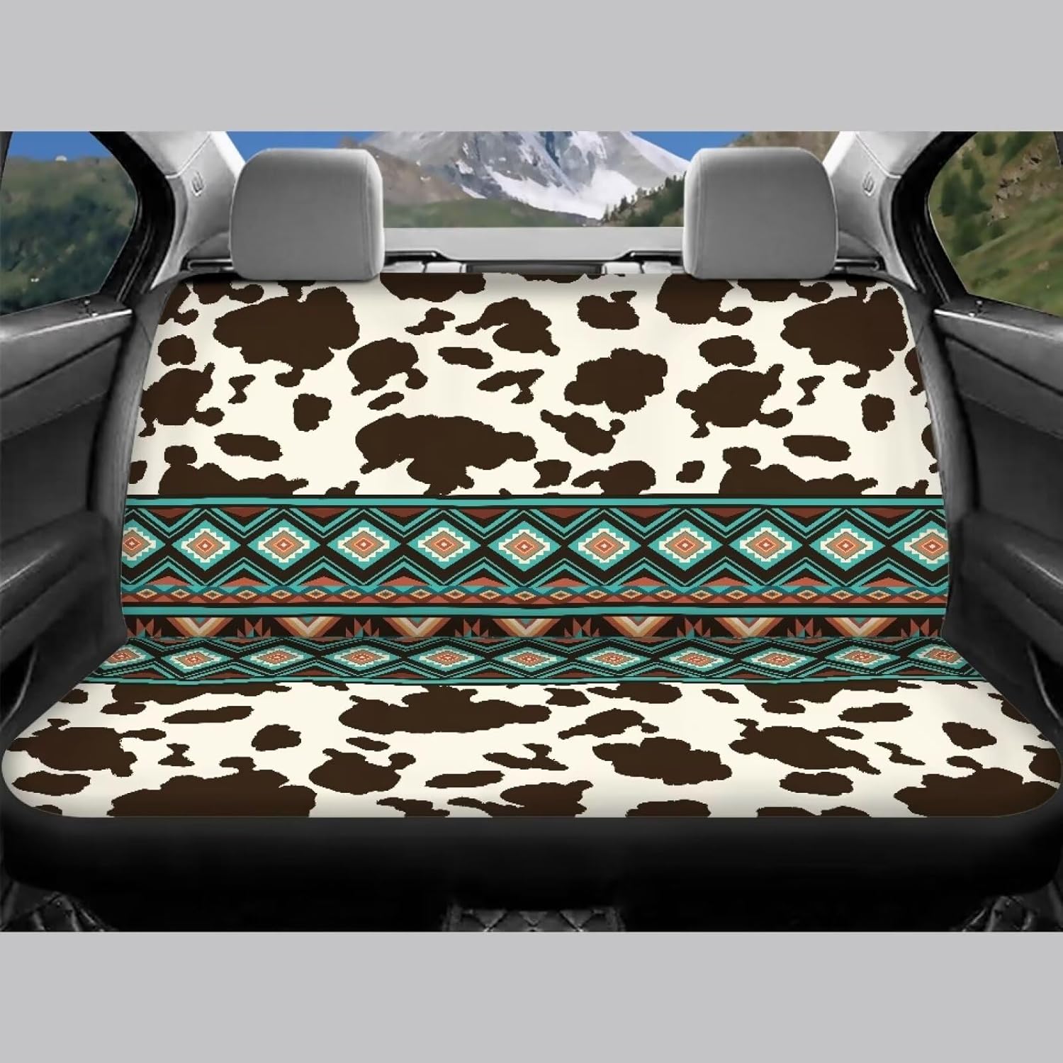 Dreaweet Aztec Seat Covers for Cars SUV Trucks,Brown Cow Print Car Seat Covers Full Set Vehicle Seat Protector Set of 4,Cute Cow Print Car Accessories for Women Interior