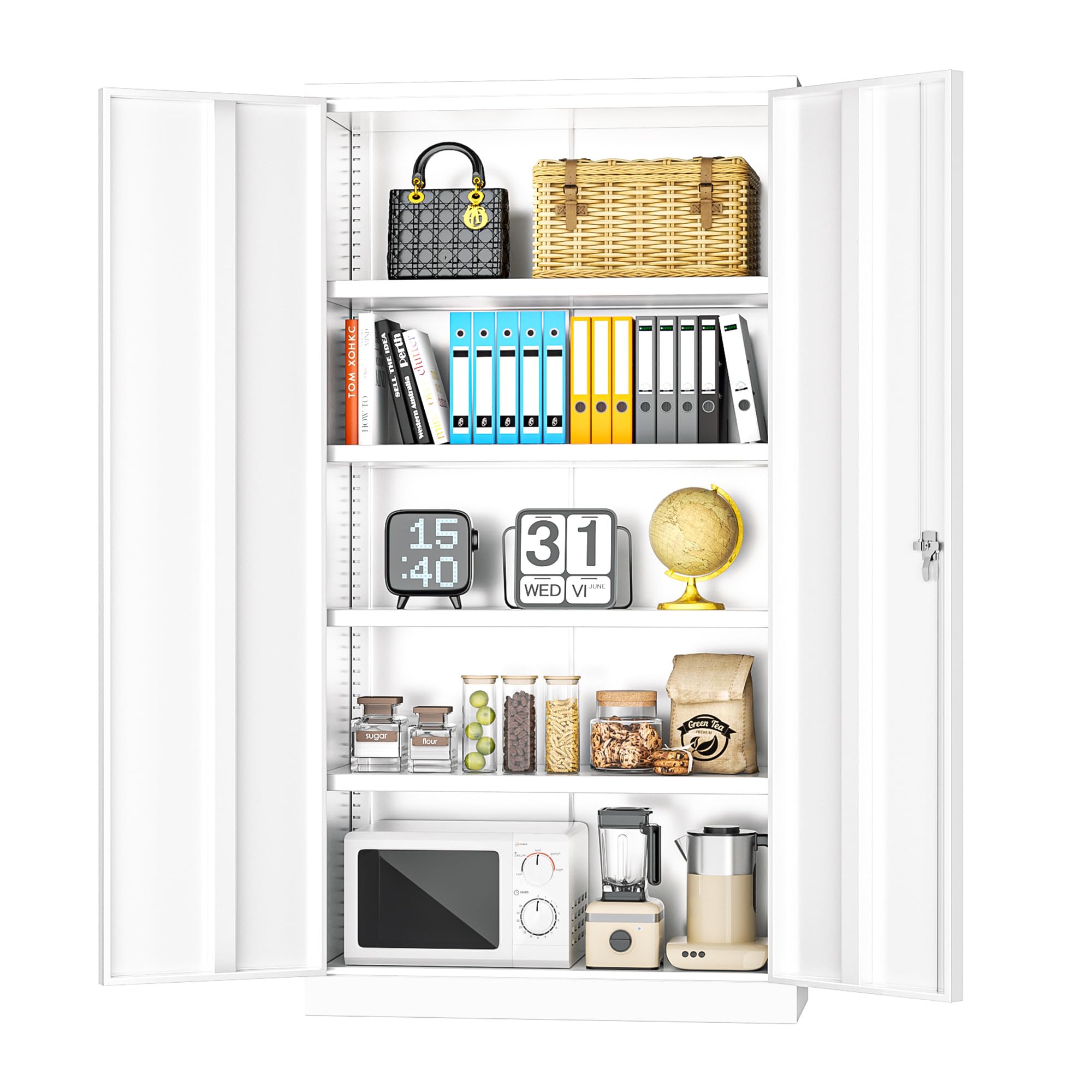 INTERGREAT Metal Storage Cabinet Doors, 72" Locking Steel Storage Cabinet with Shelves, Tall Lockable Steel Cabinets for Home Office, Garage(White)