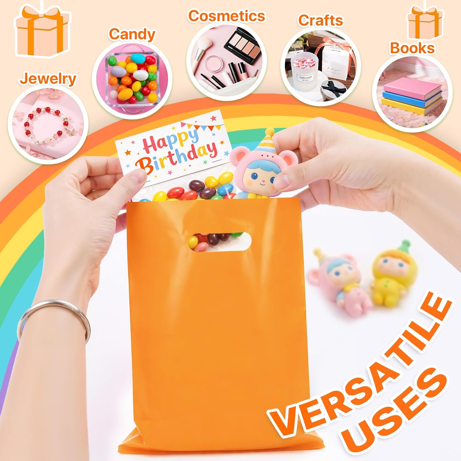 ANZNKU 50PCS Orange Party Favor Gift Bags 8"x11", Plastic Goodie Bag Bulk image 5
