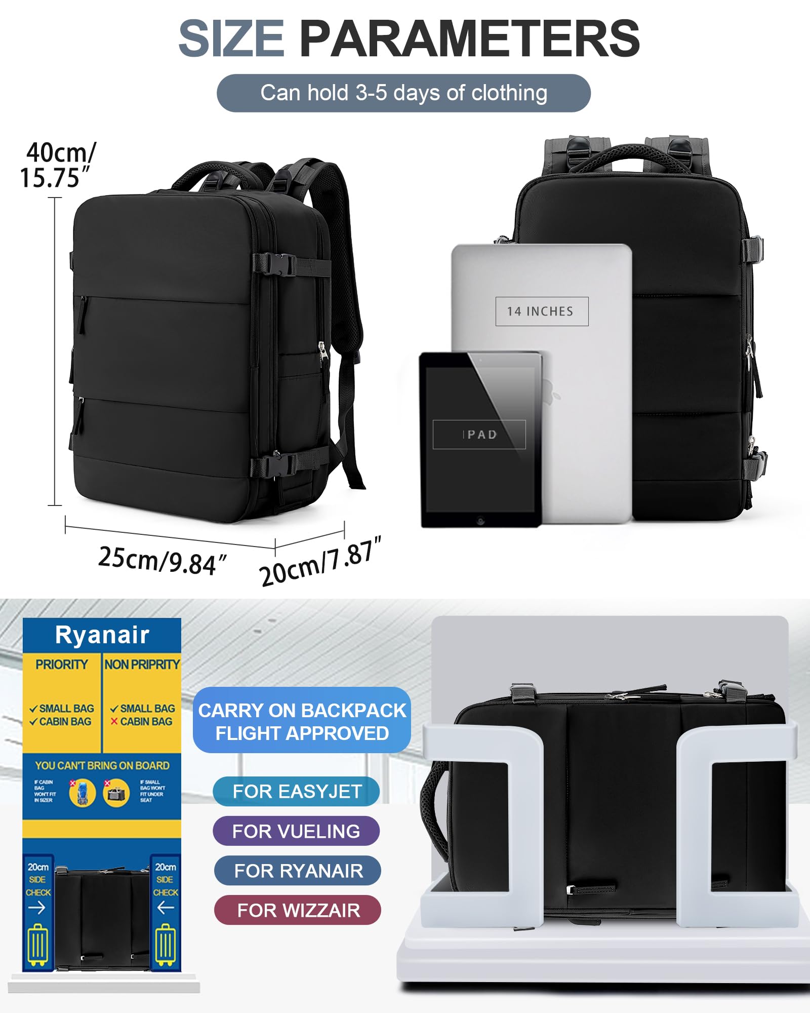 BJLFS Borse da Cabina per Ryanair 40x20x25 Zaino sottovuoto da viaggio Bagaglio a Mano con compressione sottovuoto,Zaino Easyjet 45x36x20,Zaini Casual per laptop da 14 pollici per scuola