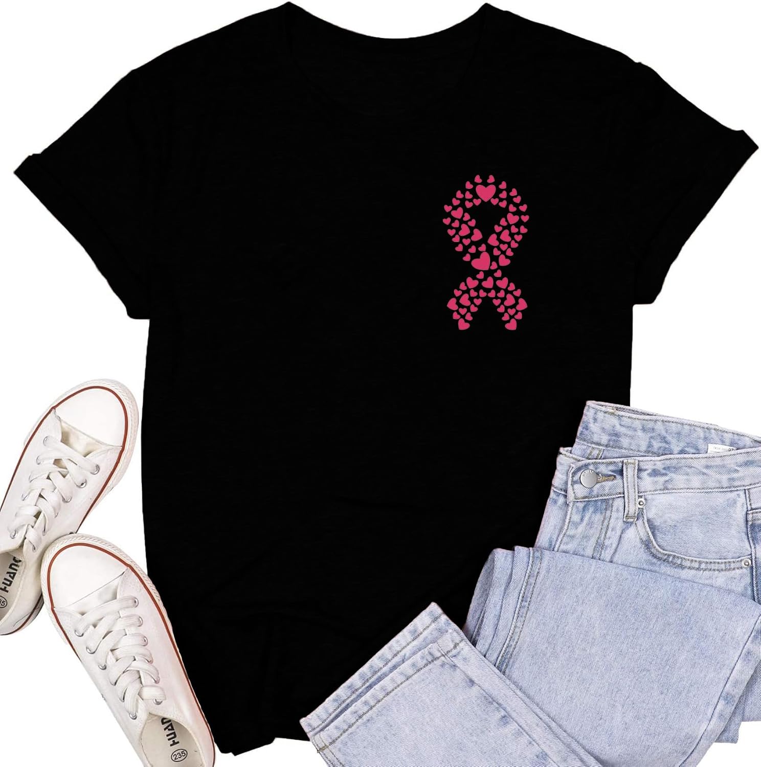 Pink Ribbon Heart Shirt for Women Breast Cancer Survivor T-Shirts Womens Breast Can...