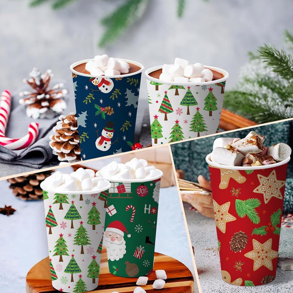AIBIIN 80 PCS Christmas Disposable Paper Cups 12 oz Christmas Coffee Cups Hot Chocolate Cups Snowman Santa Gingerbread Xmas Party Cup Holiday Table Party Supplies Decorations