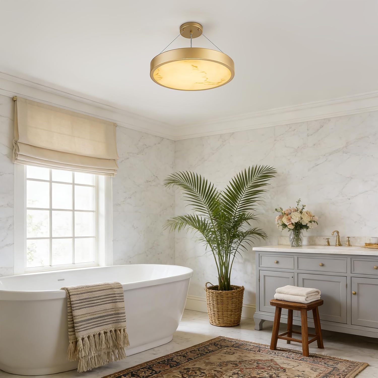 15.8" Large Brass Gold Semi Flush Mount Ceiling Light Fixture, Alabaster-style LED Close to Ceiling Light Fixtures for Bedroom Bathroom Entryway Hallway Light Fixtures Kitchen Lighting 3000K 40W