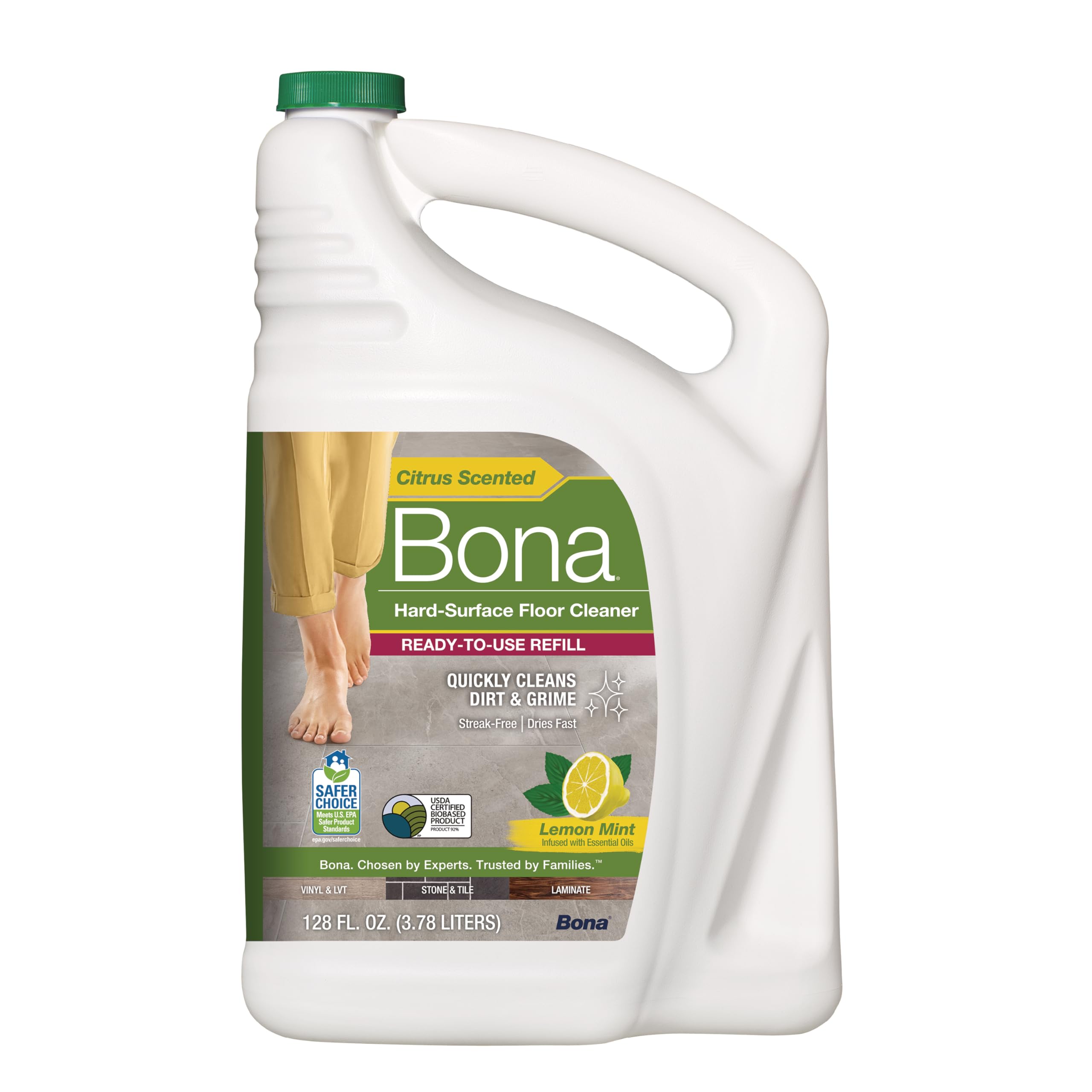 Bona Multi-Surface Floor Cleaner Refill - 128 fl oz - Lemon Mint - Residue-Free Floor Cleaning Solution refill for Spray Mop and Spray Bottles - For Use on Stone, Tile, Laminate, and Vinyl Floors