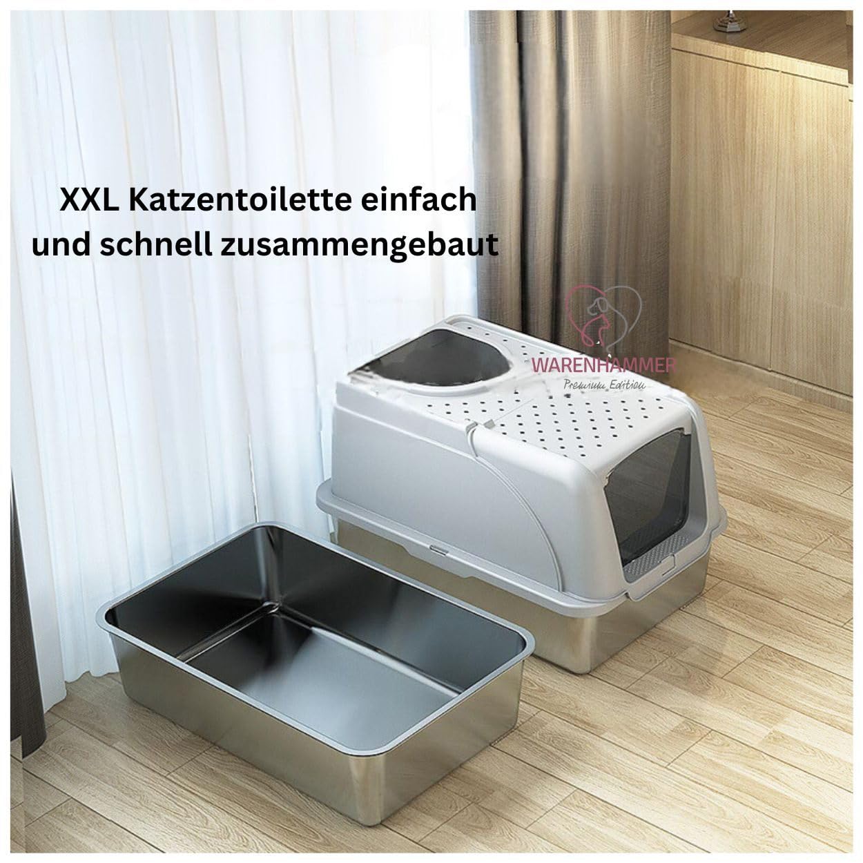 Lettiera per gatti XXL Premium – Acciaio inox con coperchio – grande apertura frontale – Lettiera per gatti con pala (L x L x A): 62 x 41 x 40 cm