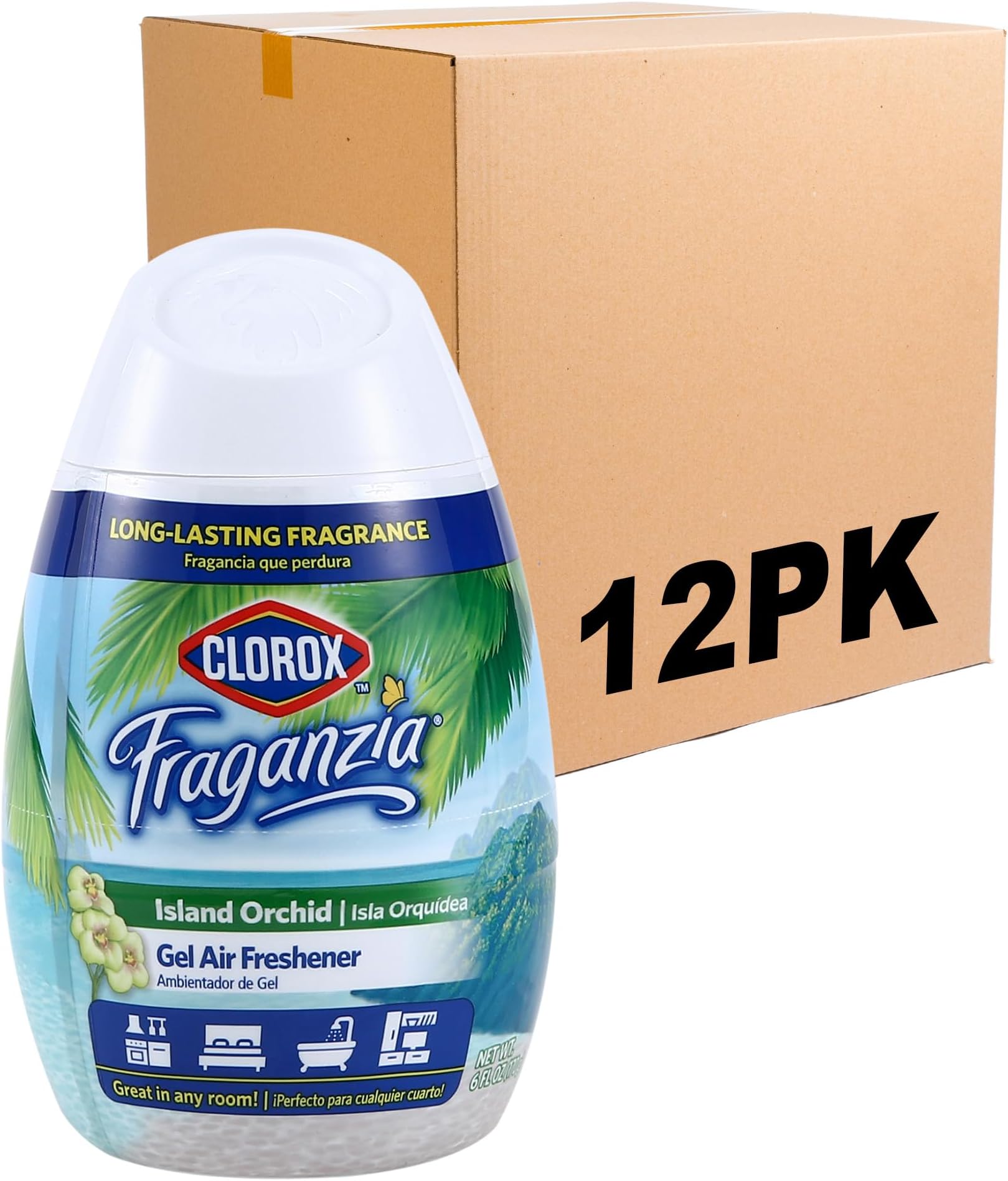Clorox Fraganzia Gel Air Freshener Cone, Island Orchid Scent - No-Plug, Battery-Free Air Freshener for Small Rooms, Closets, Kitchens, Bathrooms, Offices and More, 6 Ounce - 12 Pack