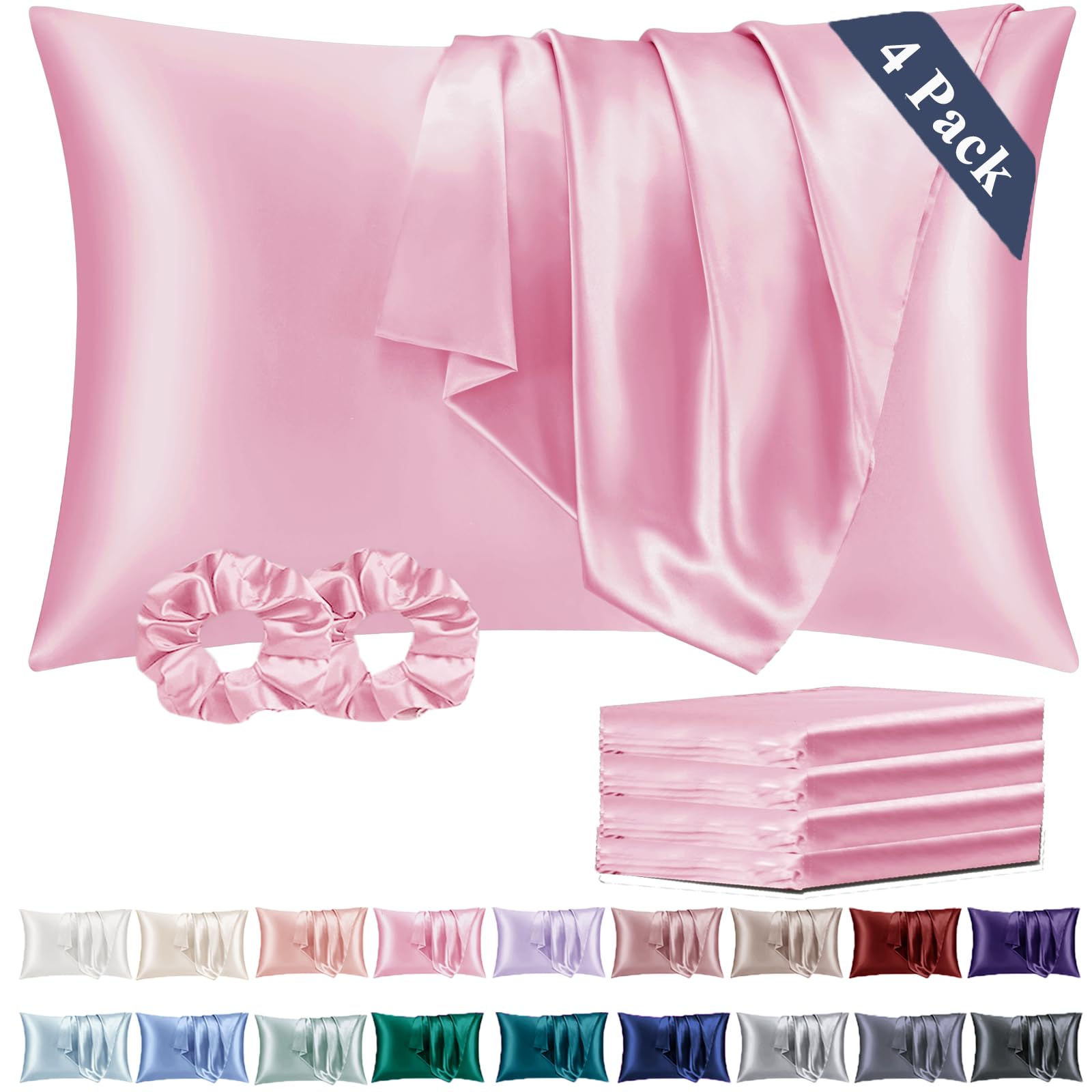 Vielit Satin Pillowcase for Hair and Skin Cooling,Soft as Silk Pillowcase for Hair and Skin,Easier Care than Silk Pillow Cases 4 Pack Pink 50x75cm Gifts for Women Envelope & 2 Scrunchies