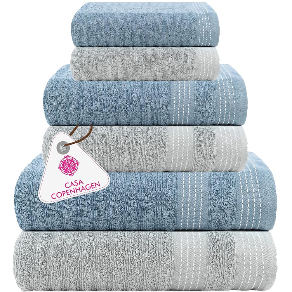 CASA COPENHAGEN Elegance 6 Pieces Towel Set- Grey Violet + Dusty Blue, 550 GSM 2 Bath Towel 2 Hand Towel 2 Washcloth, Designed in Denmark Made of Soft