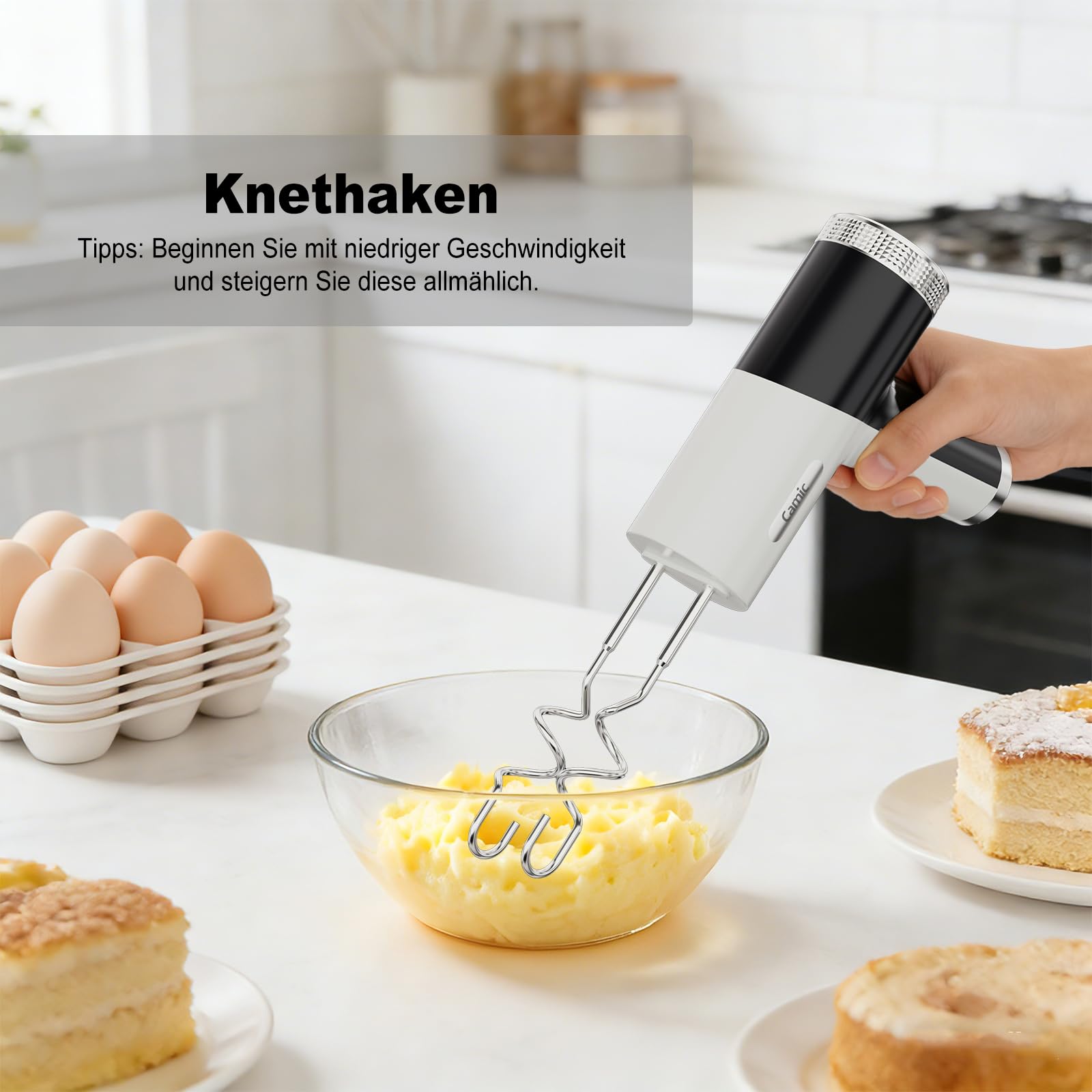 Camic Handmixer mit 9 Geschwindigkeitsstufen, Kabelloser Elektrisch- Handrührgerät mit Schneebesen, Knethaken und Rührstab zum Schlagen von Eiern, Sahne und Marmelade sowie zum Mixen