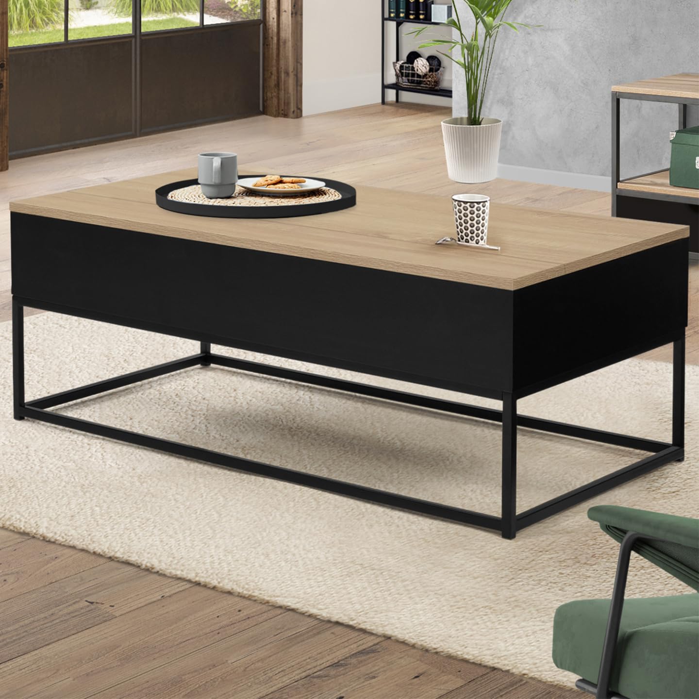 IDMarket - Mesa auxiliar rectangular con tablero extraíble BOSTON 100 cm negro diseño industrial tablero de madera