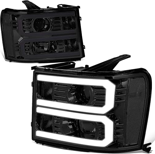 Auto Dynasty Par de faros delanteros con lente ahumada de esquina transparente con doble tubo LED DRL compatible con Sierra 1500 2500 3500 07-14