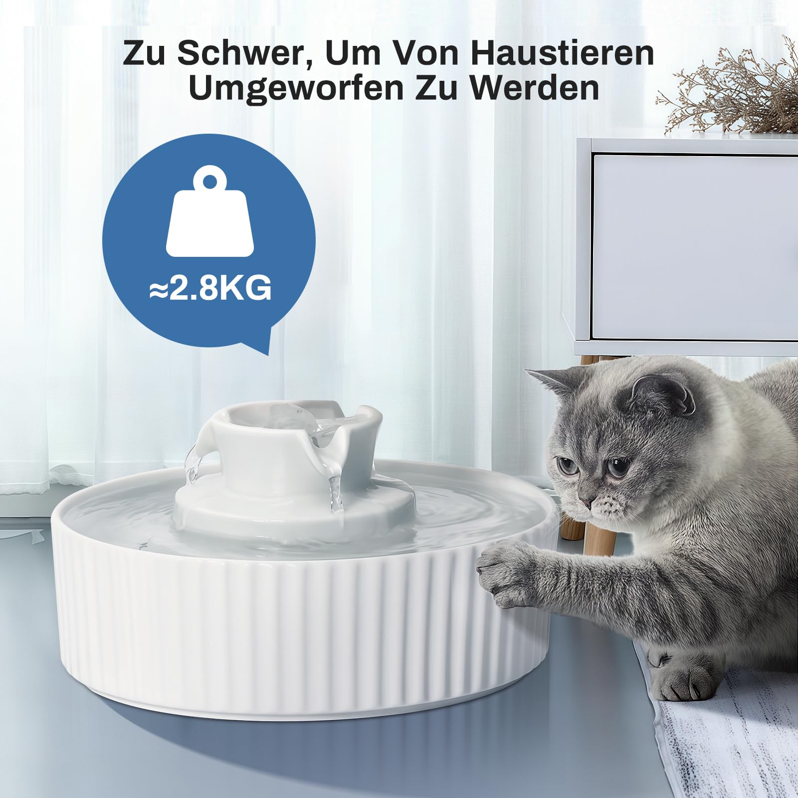 Katzenbrunnen Keramik, 360 2.1L Trinkbrunnen für Katze Keramik Trinkbrunnen Schüssel für Katze und Hunde mit Ersatzfilter und Schaumstoff Intelligente Pumpe (Weiß) 2*Filter 2* Pumpe