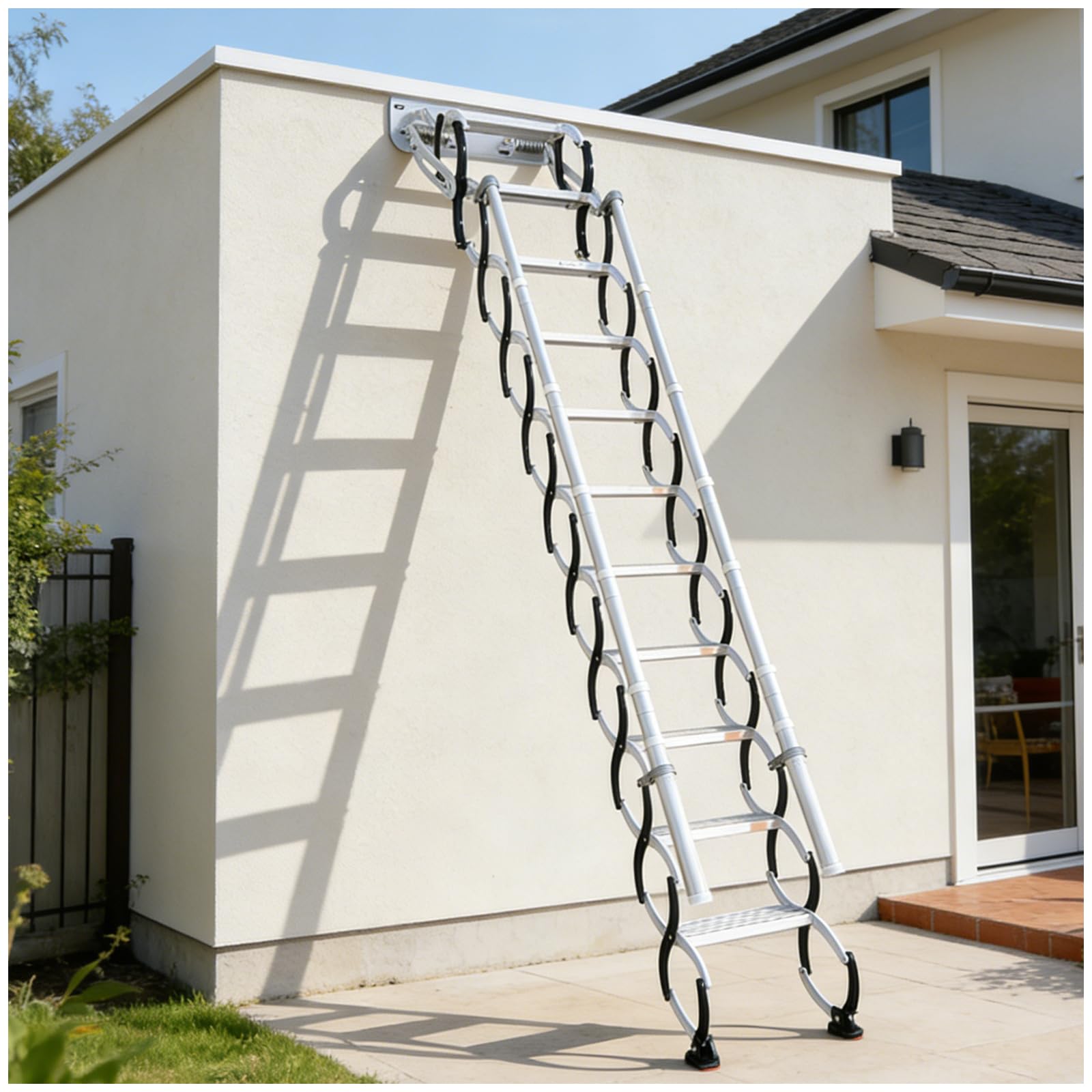 Wandmontierte Dachbodenleiter – Ausziehbare Klappleiter mit 2 Handlauf & robustem Faltsystem, für Wohnzimmer, Büro, Schlafzimmer, Garage & Balkon (2.19-2.28m/7.2-7.5ft)