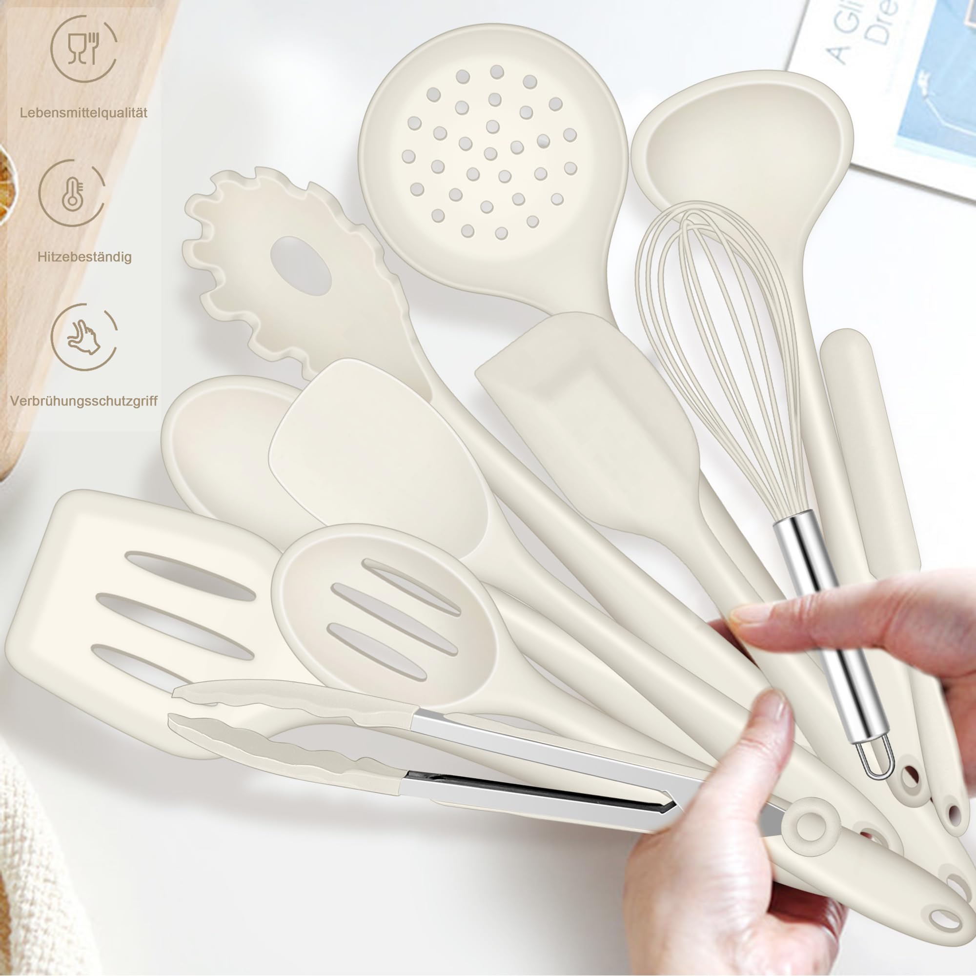 Joyfair Lot de 15 ustensiles de cuisine en silicone résistants à la chaleur avec porte-ustensiles, ustensiles de cuisine antiadhésifs, passe au lave-vaisselle, blanc