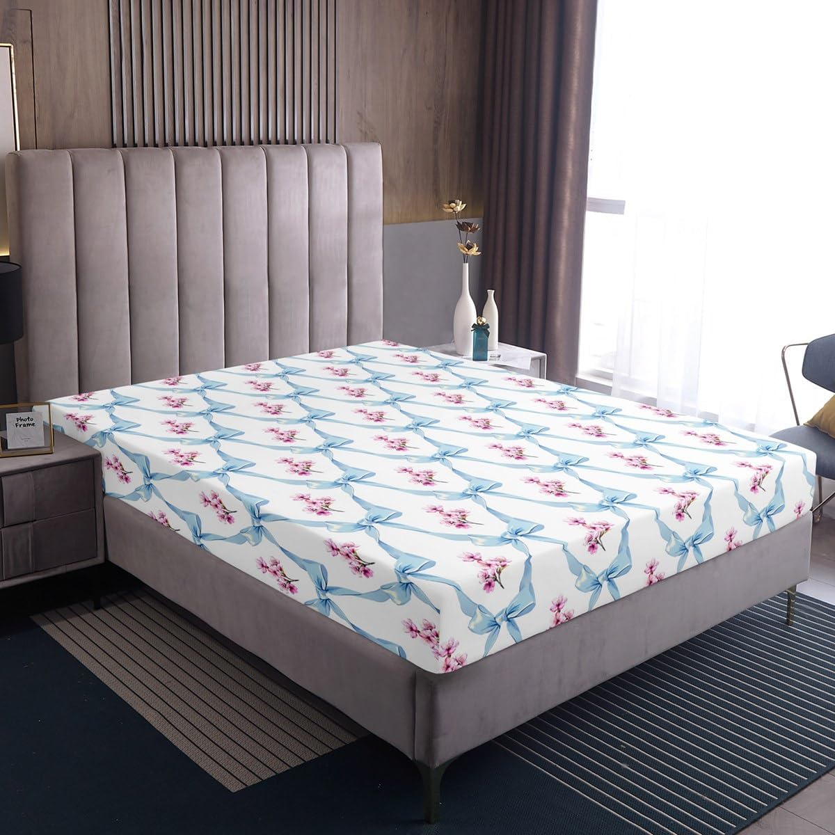 Blue Bow Tie Fitted Sheet Kawaii Bowknot Sheets,Dreamy Princess Style Ribbon Bow Knot Bed Sheets Full,Rustic Flowers Bed Set Boho Floral Cute Aesthetic Room Decor