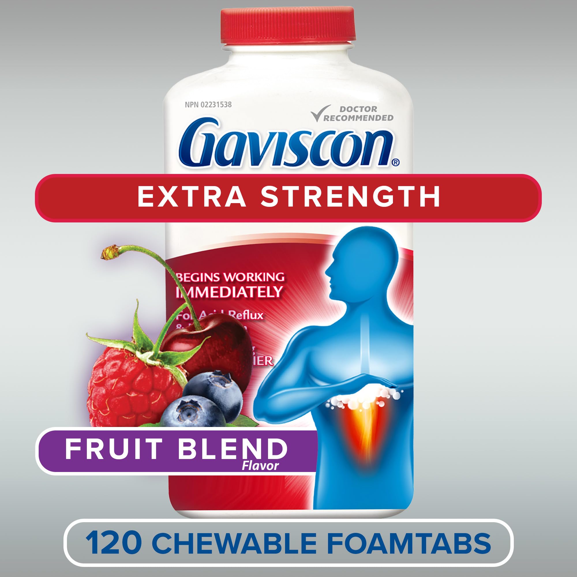 Gaviscon Gaviscon Extra Strength Tablets - 120 Count - Chewable Foaming Antacid Tablets for Day and Night Heartburn Relief, Acid Reflux and GERD Relief, Fruit Blend - Free of Aluminum, Lactose and Gluten in use