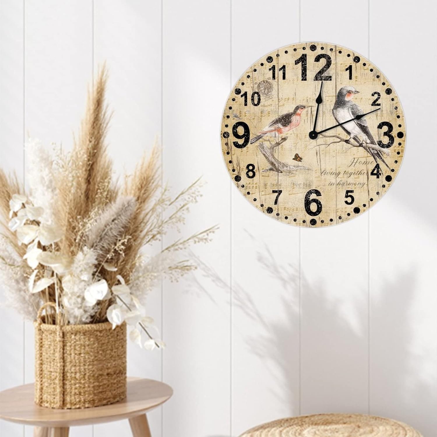Non-Ticking Arabic Numerals Wall Clock 15 Inch Vintage Round Battery Operated Singing Bird Lovely Animal Cartoon for Home Kitchen Farmhouse Birthday