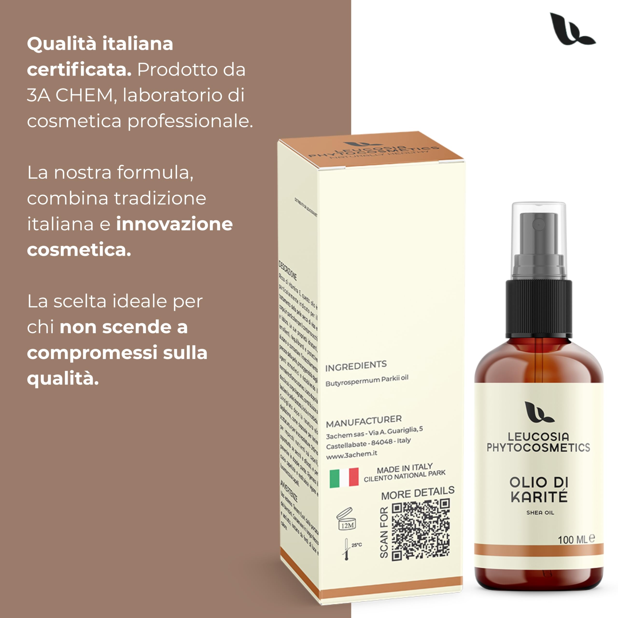Leucosia Burro di Karitè Puro Liquido 100 ml, Comodo Flacone Spray, Idratante Naturale per Viso, Corpo, Capelli, Pelle Secca, Rughe e Smagliature