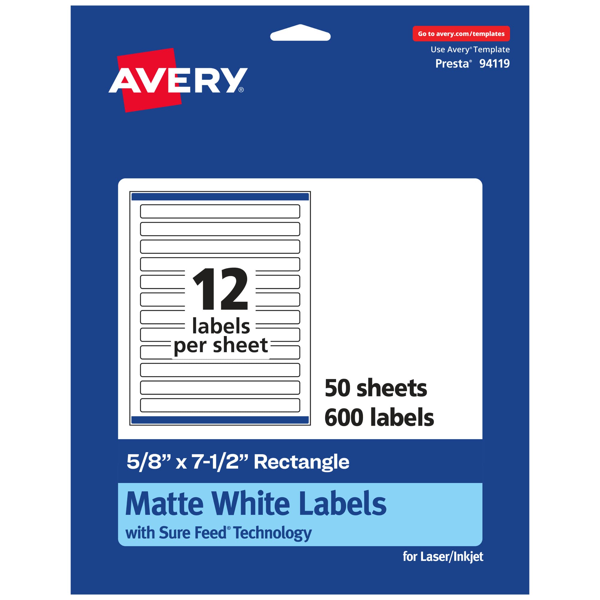 Avery Matte White Rectangle Labels, Sure Feed Technology, 5/8" x 7.5", 600 White Labels, Print-to-The-Edge, Permanent Adhesive, Laser/Inkjet Printable