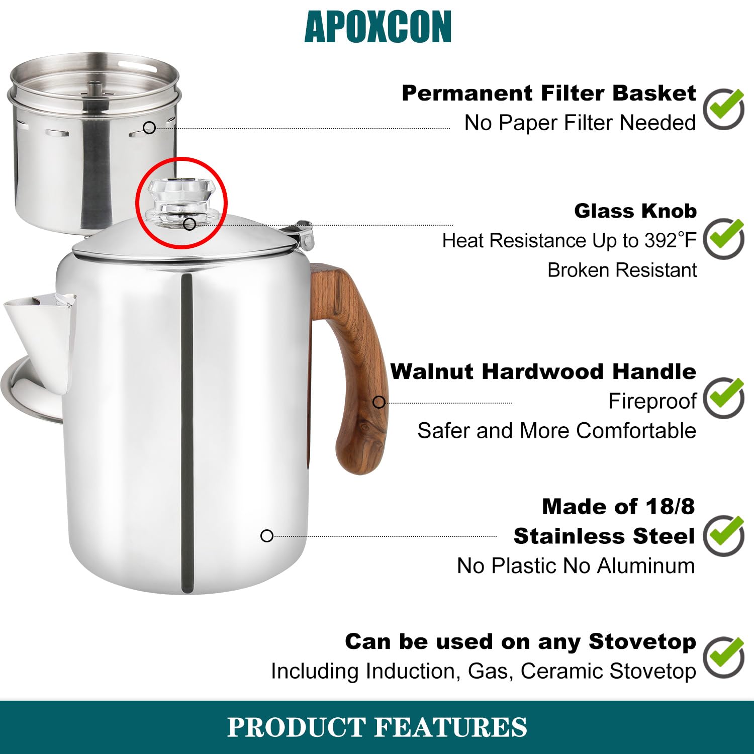 APOXCON Kaffee-Perkolatorkanne aus Edelstahl mit robustem Glasknopf und behandeltem Massivholzgriff und tropffreiem Ausgießer, Camping-Kaffeekanne, Verwendung auf jedem Herd, kein Aluminium