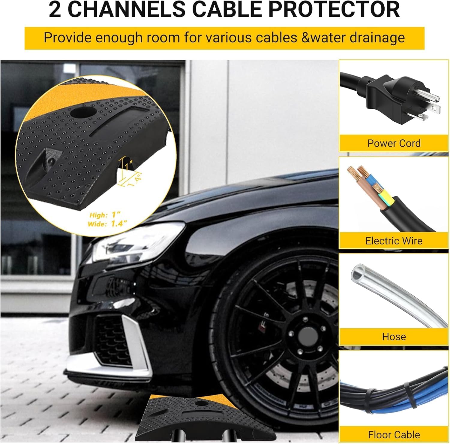 2 Pack Rubber Speed Bumps, 6Ft Heavy Duty Speed Bump, 25000LBS Capacity Cable Protector Ramp, Modular Cable Protector Ramps with 2 Channels for Driveway/Road