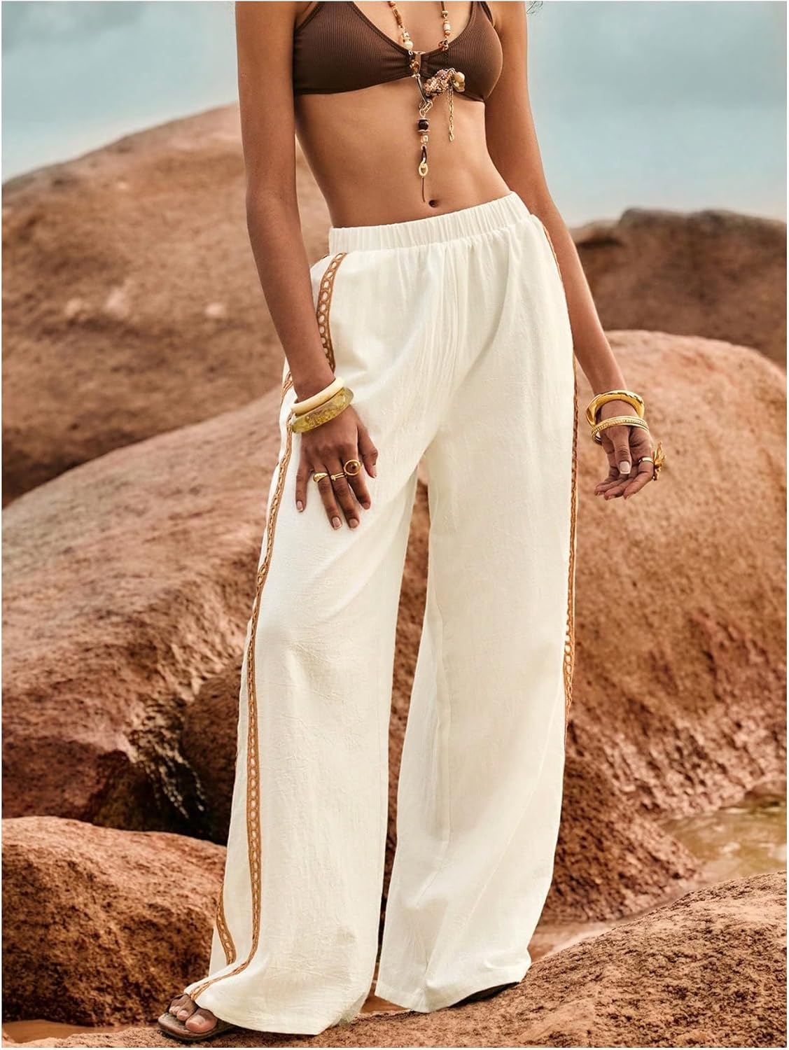 SOLY HUX Women's Wide Leg Pants Elastic High Waisted Embroidery Casual Long Trousers with Pockets White Embroidery Large - Image 2