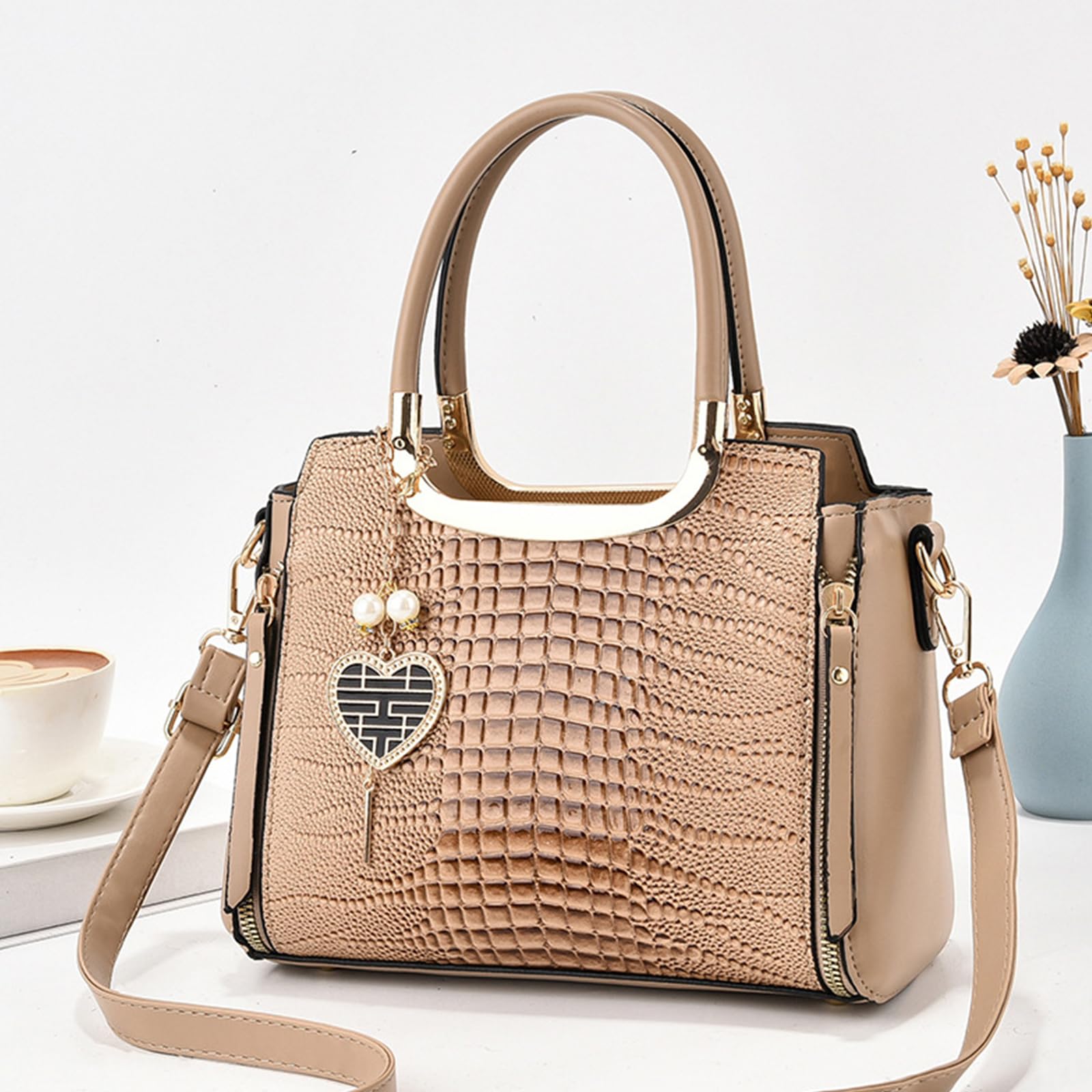 NICOLE & DORIS Mode Handtaschen Damen Schultertaschen Elegant Henkeltasche PU Leder Umhängetasche Crossbody Bag Krokodil Handtasche mit Anhänger Khaki