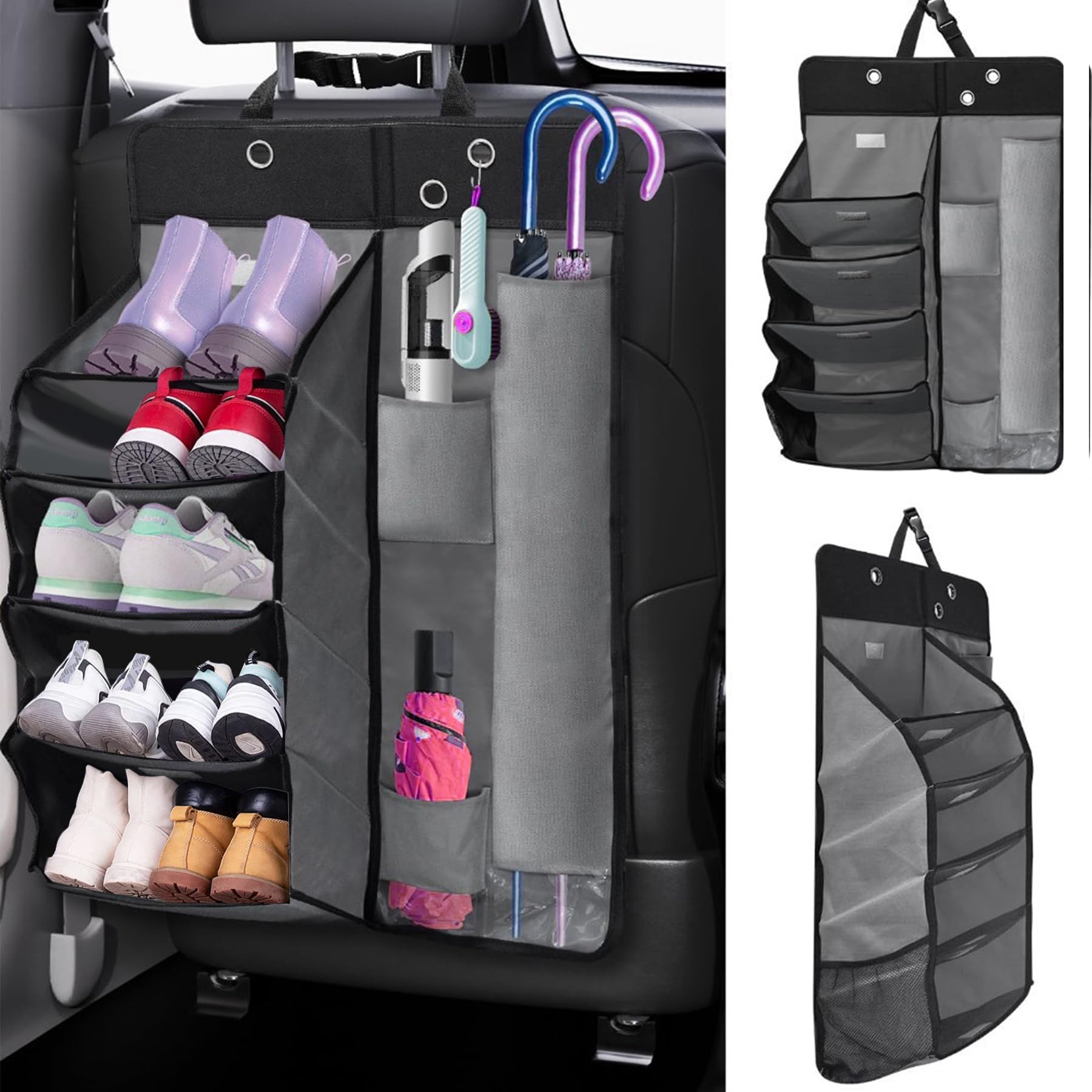 WAIZY自動車多機能靴棚 車 靴置き 車 かさたて 車用傘立て 車内用品 小物収納グッズ 下駄箱 多種の車種に適用 収納商品 車用収納ラック靴入れ 5階 (黒)