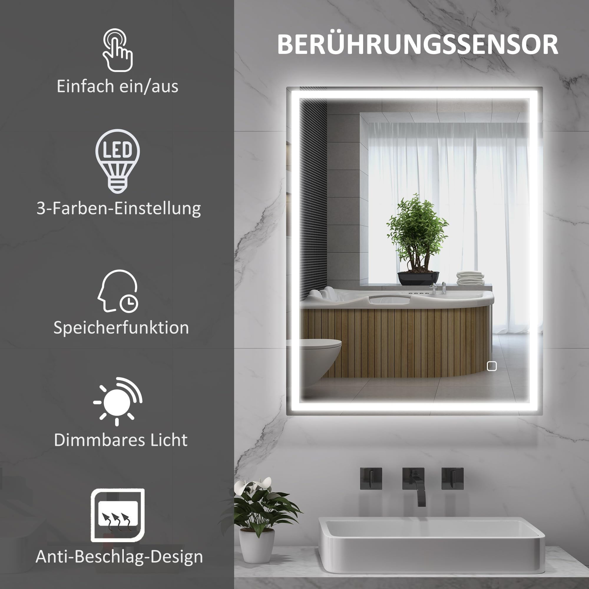 HOMCOM Badspiegel mit Beleuchtung 90x70 cm LED Spiegel Wandspiegel mit Memory-Funktion 3 Lichtfarben Beschlagfrei Lichtspiegel mit Touchschalter Silber