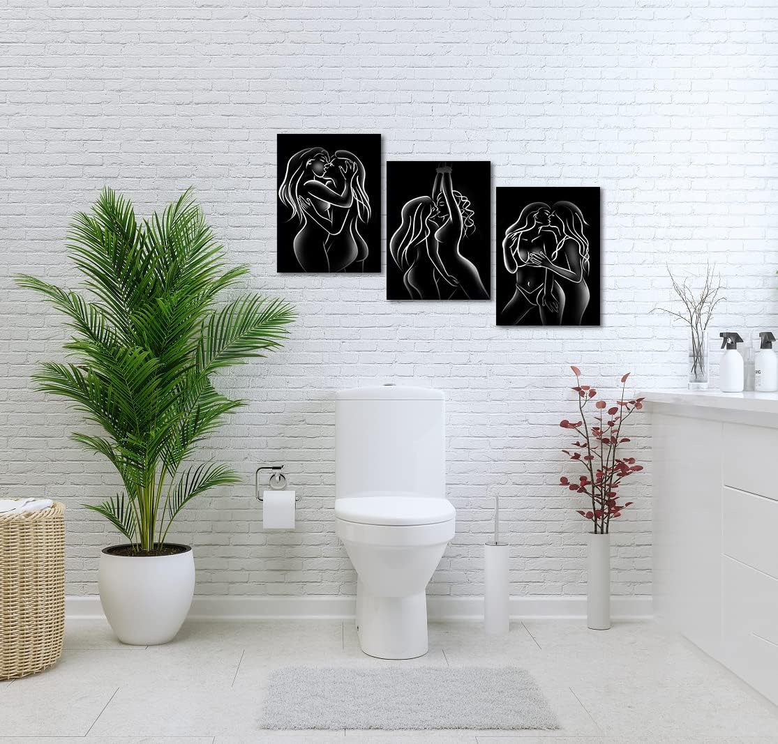 Women Pictures Wall Art for Bedroom Decor 3 Panels Sexy Girls Posters Wall Decor Artwork Lesbian Painting Canvas Prints Art Bathroom Home Decor Framed 12" Wx16 Hx3pcs