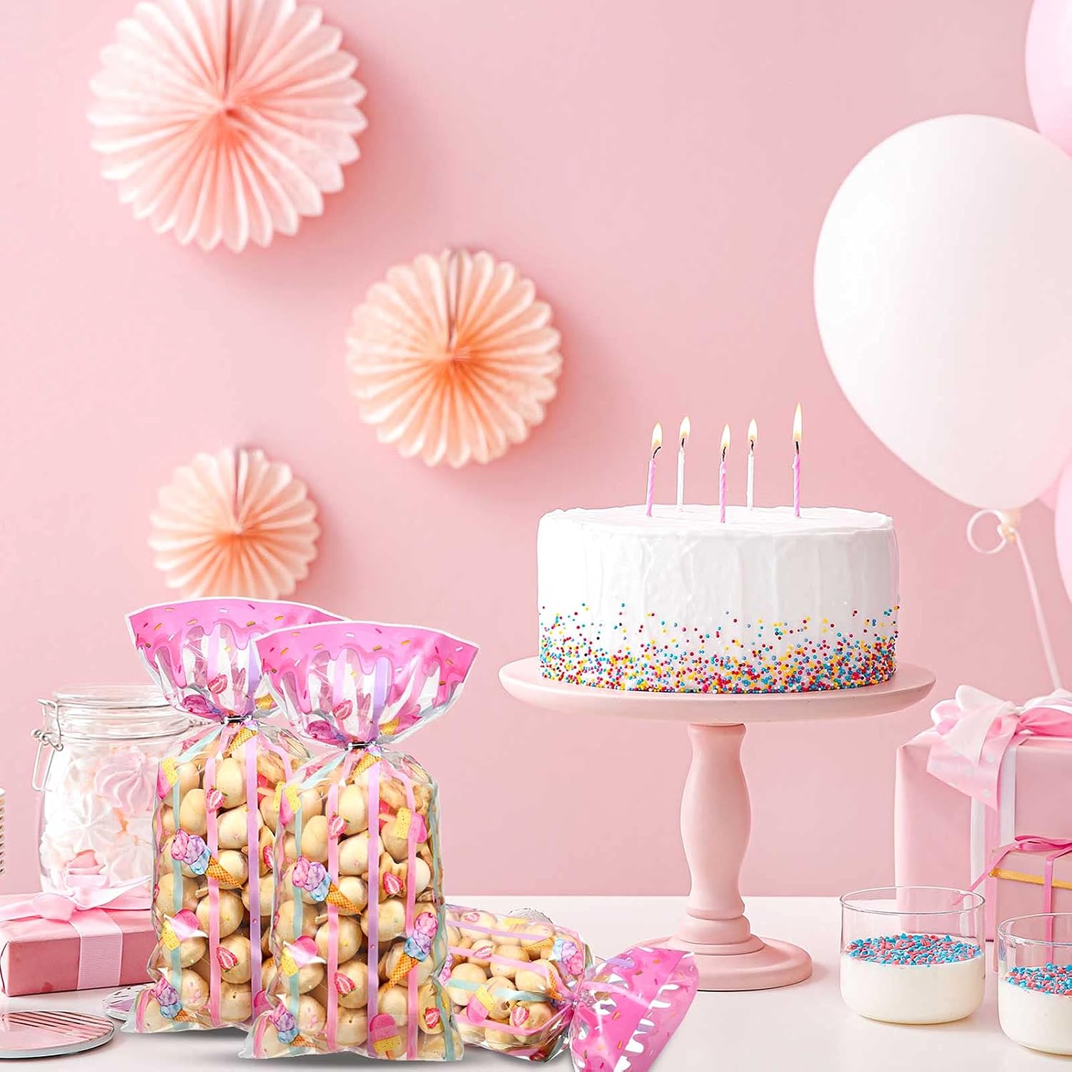 Geyee 100 Pieces Sweet Party Favors Ice Cream Treat Bags Plastic Candy Clear Cellophane Gift Bags with 100 Silver Twist Ties for Girls Kids Sweet Birthday Baby Shower Decorations Supplies