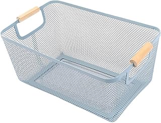Metal Mesh Steel Basket, Large Wire Storage Organizer Basket Multi-function Hanging Kitchen Baskets with Wood Handle for Kitchen Bathroom Picnic Home, Rectangle-Blue