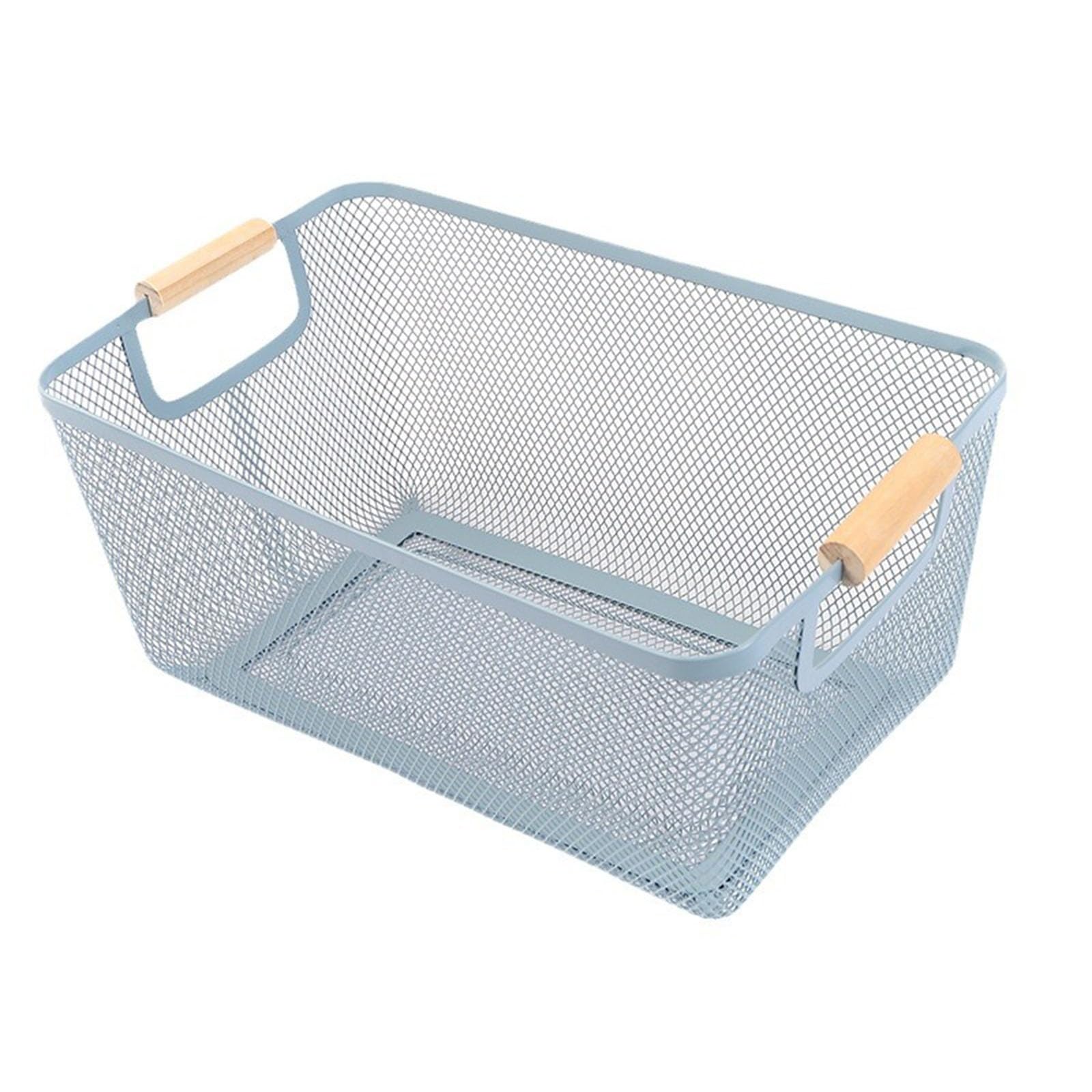 AJIODA Metal Mesh Steel Basket, Large Wire Storage Organizer Basket Multi-function Hanging Kitchen Baskets with Wood Handle for Kitchen Bathroom