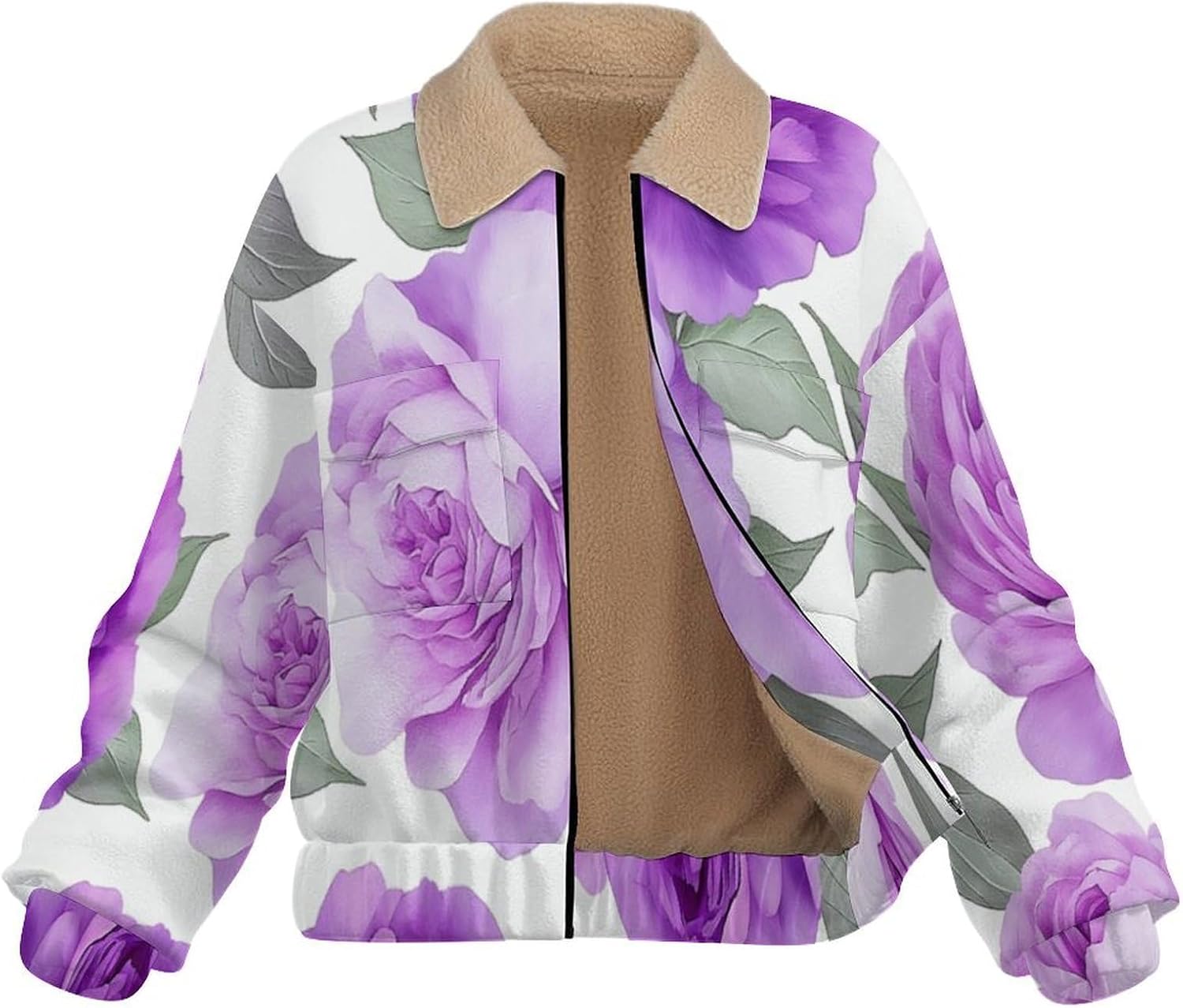Women's Full Zip Soft Polar Fleece Jacket, Peony Rose Printed Outdoor Coat, Long Sleeve Comfortable Outerwear
