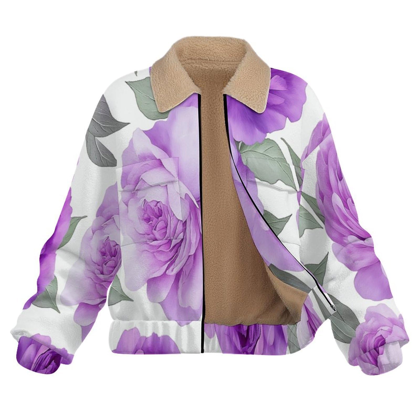 Giacca in Pile da Donna con Chiusura Lampo su Tutta la Lunghezza, Colletto Revers, Cappotto Peonia Rosa Calda Invernale con Tasche, per Escursioni e Tempo Libero